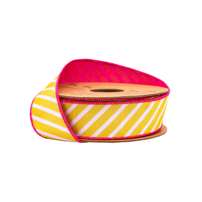 1 1/2" 10 YD Yellow and White Diagonal Stripe with Pink Backing Wired Dupioni Ribbon