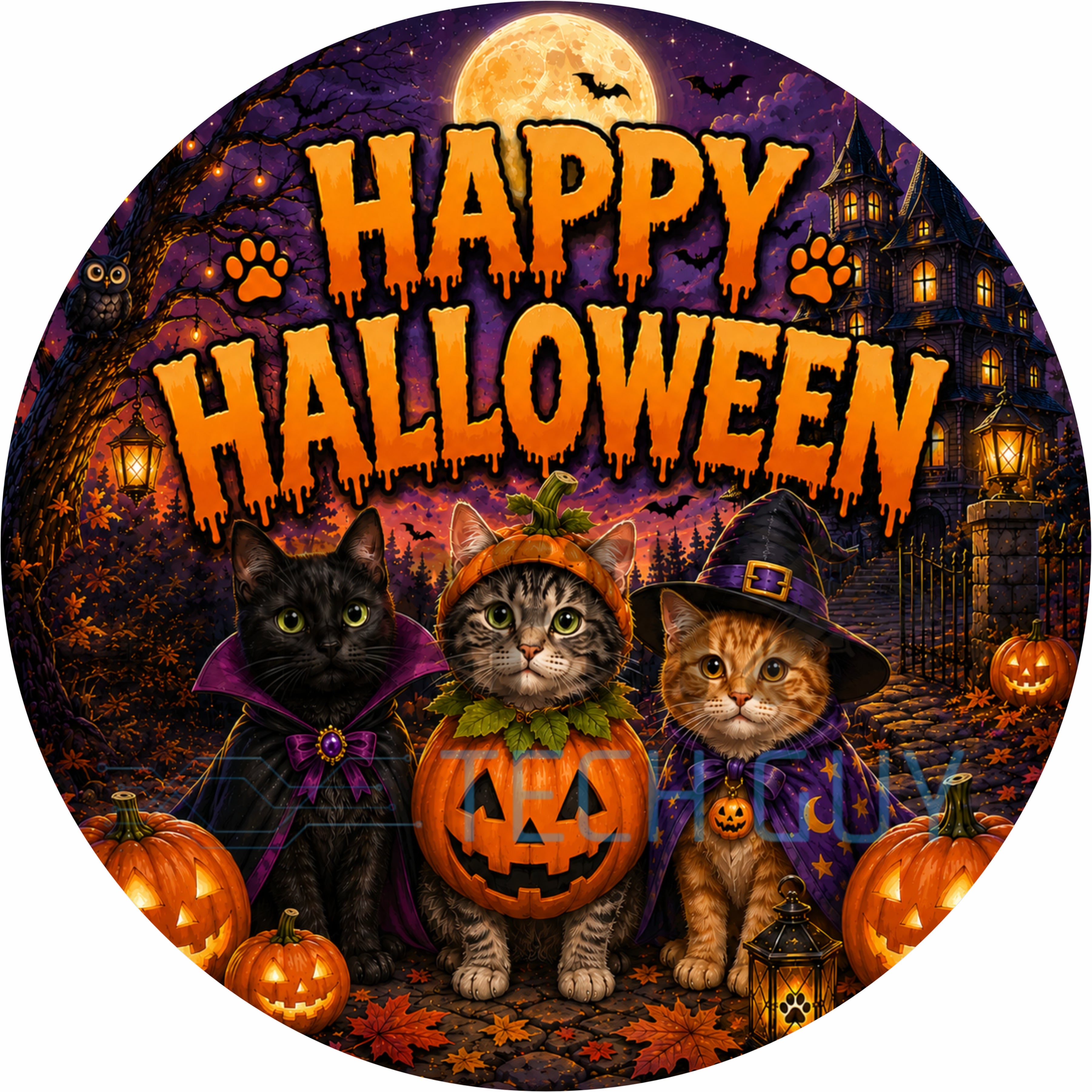 Happy Halloween Cats Round Wreath Sign