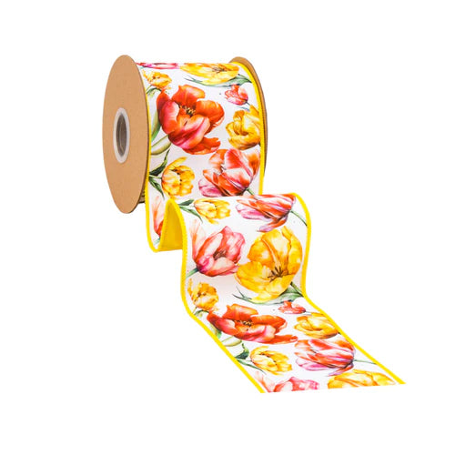 4" 10 YD 1 1/2" Tulips n White with Yellow Backing Wired Dupioni Ribbon