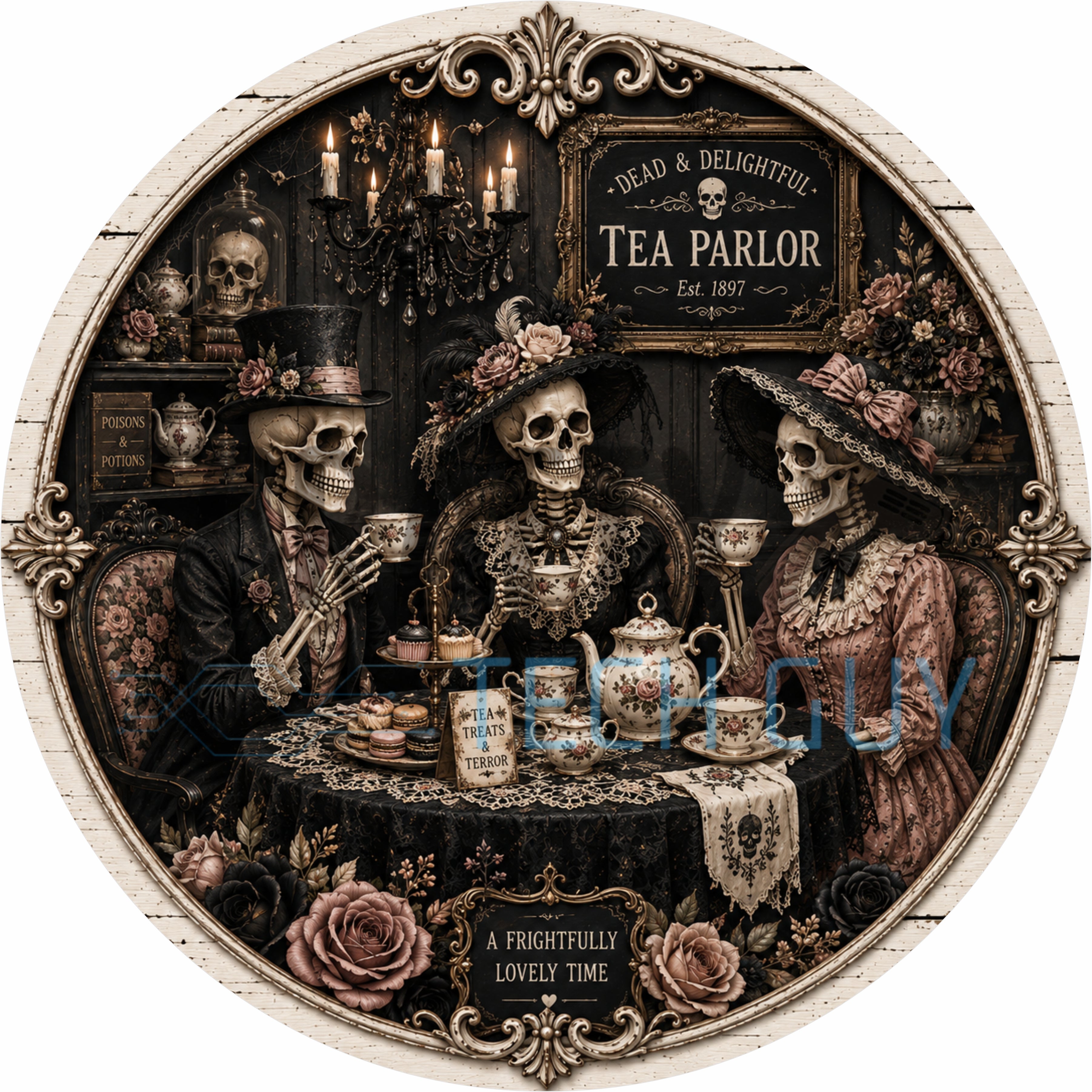 Dead and Delightful Tea Parlor Halloween Round Wreath Sign