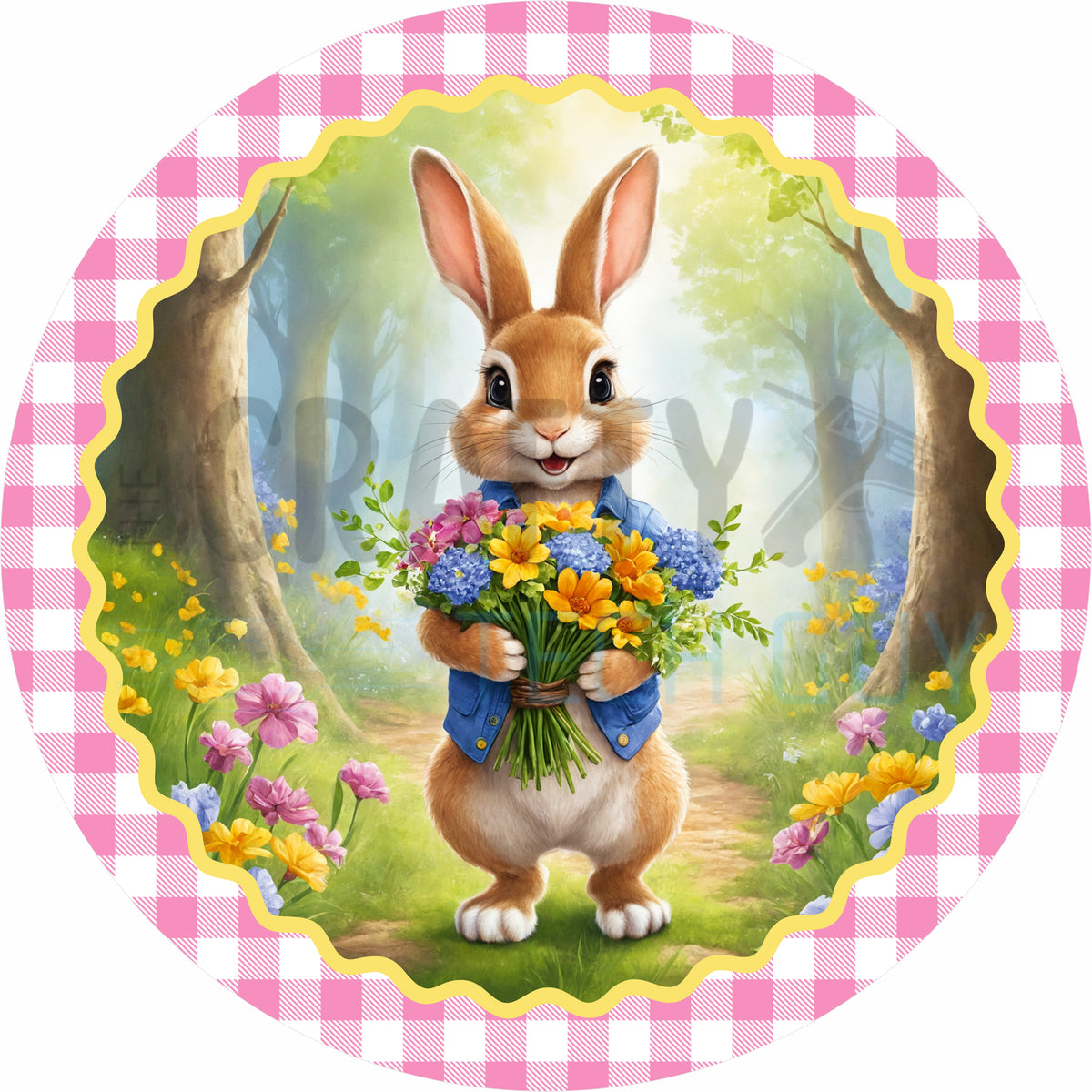 Easter Bunny Round Wreath Sign – Cute Rabbit with Spring Flowers Pink