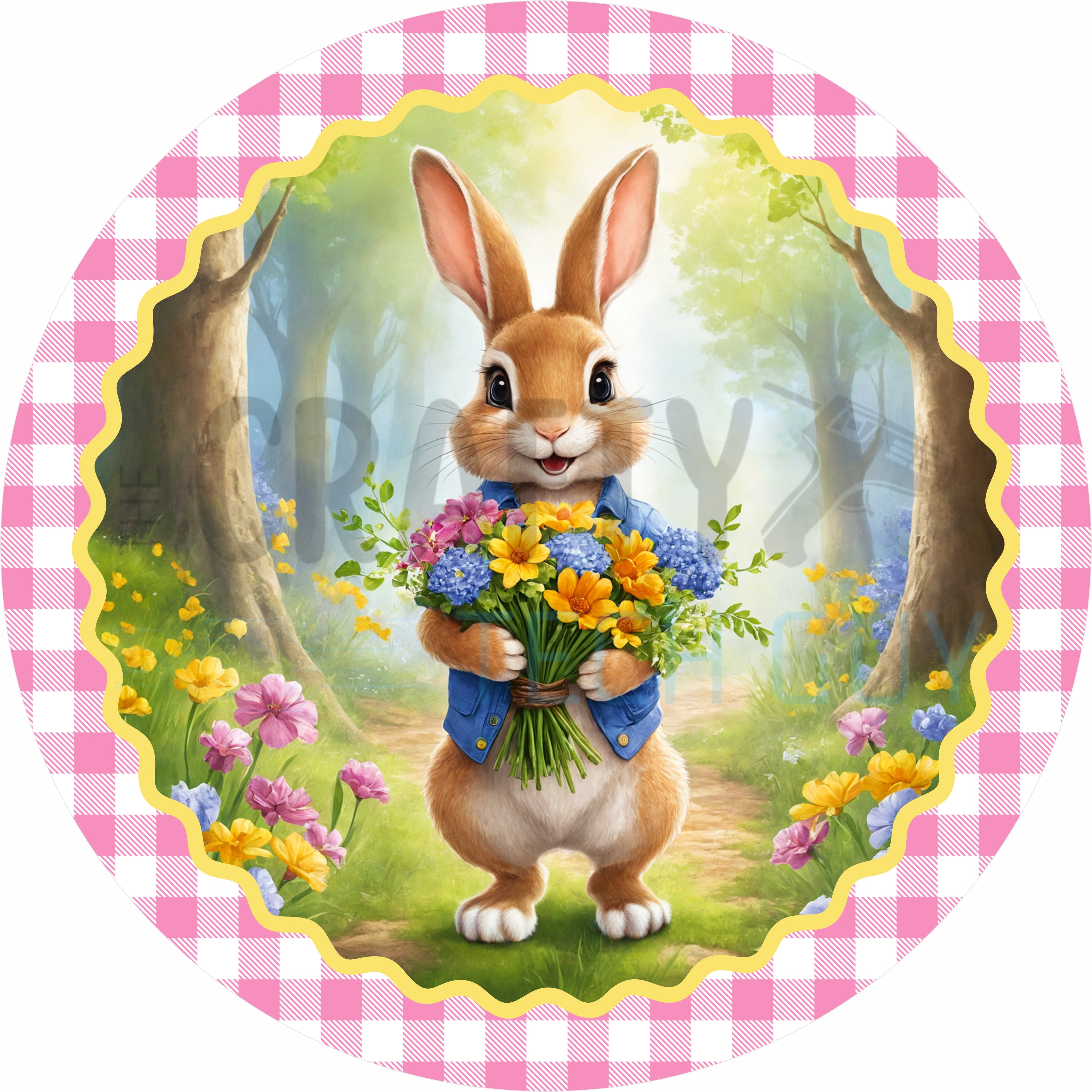 Easter Bunny Round Wreath Sign – Cute Rabbit with Spring Flowers Pink Gingham Decor