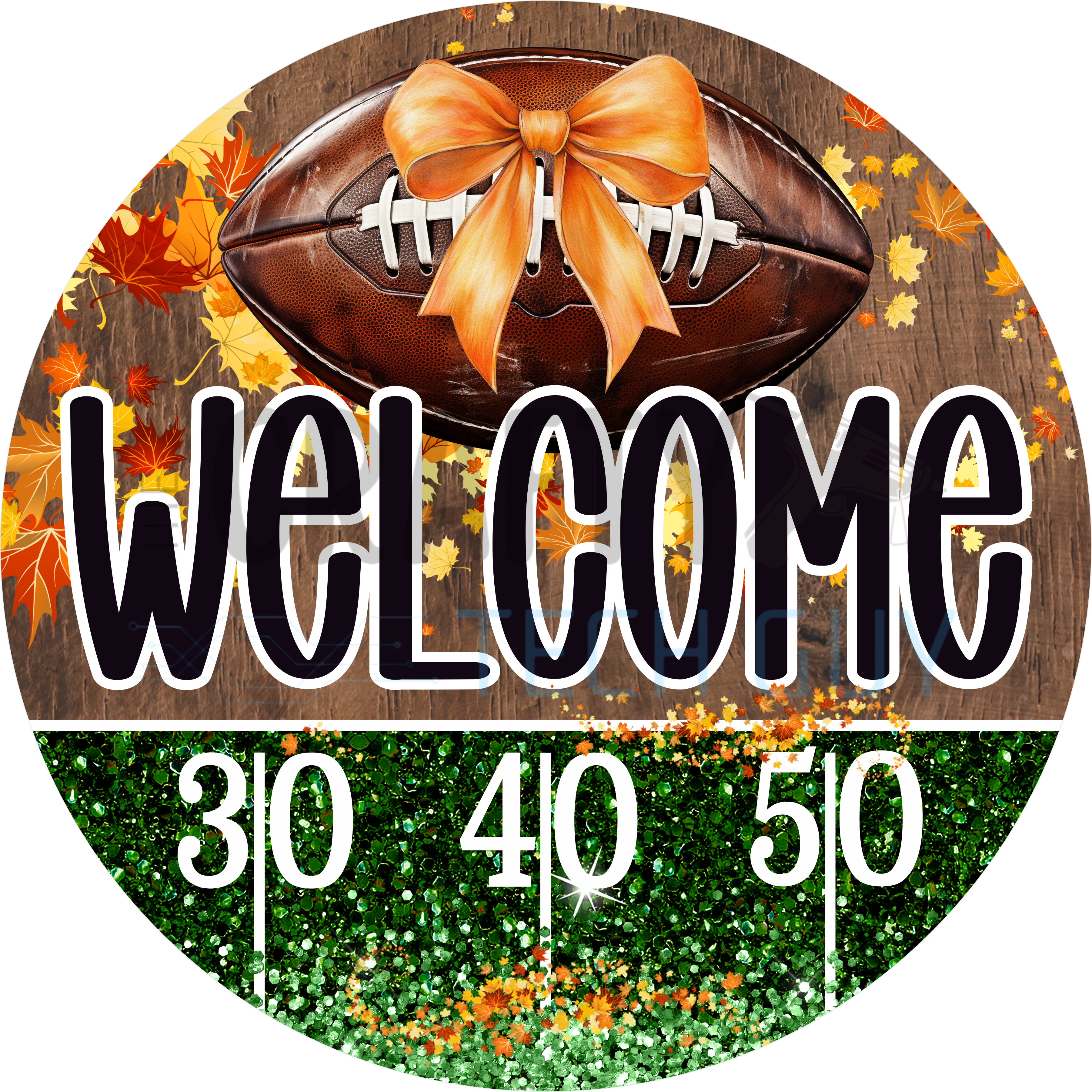 Welcome Football Round Wreath Sign – Fall Leaves and Bow Design – Glitter Yard Line Door Décor