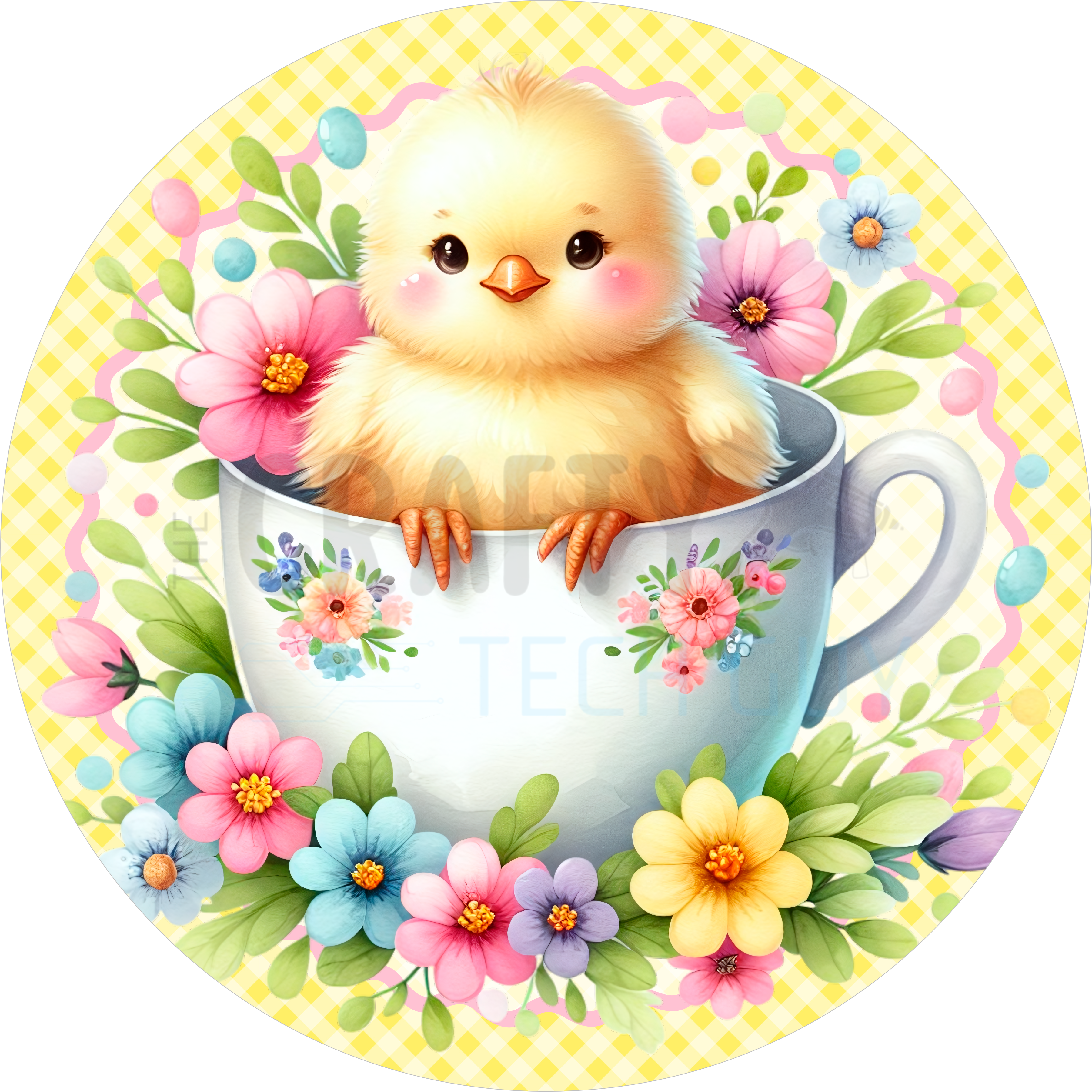 Easter Chick in Floral Teacup Yellow Gingham Round Wreath Sign