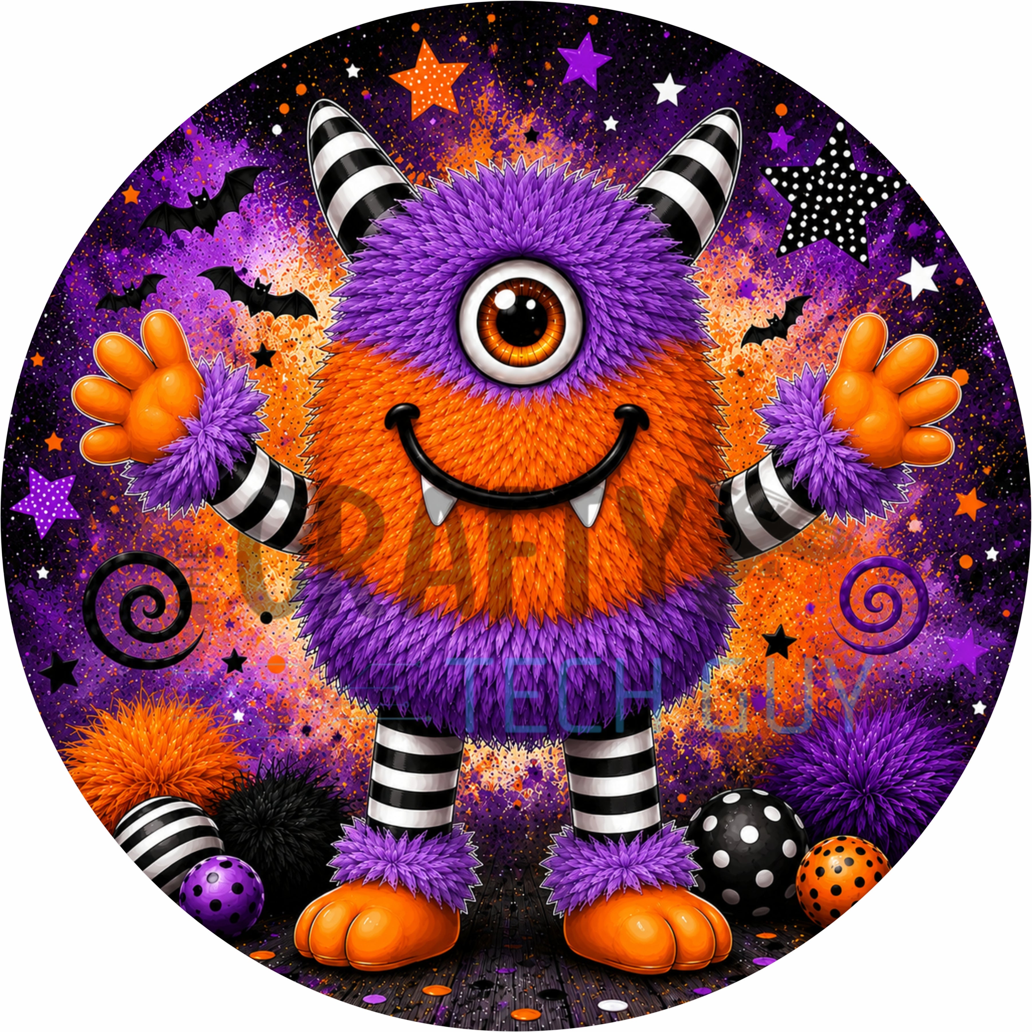 Purple & Orange Halloween Monster Round Wreath Sign