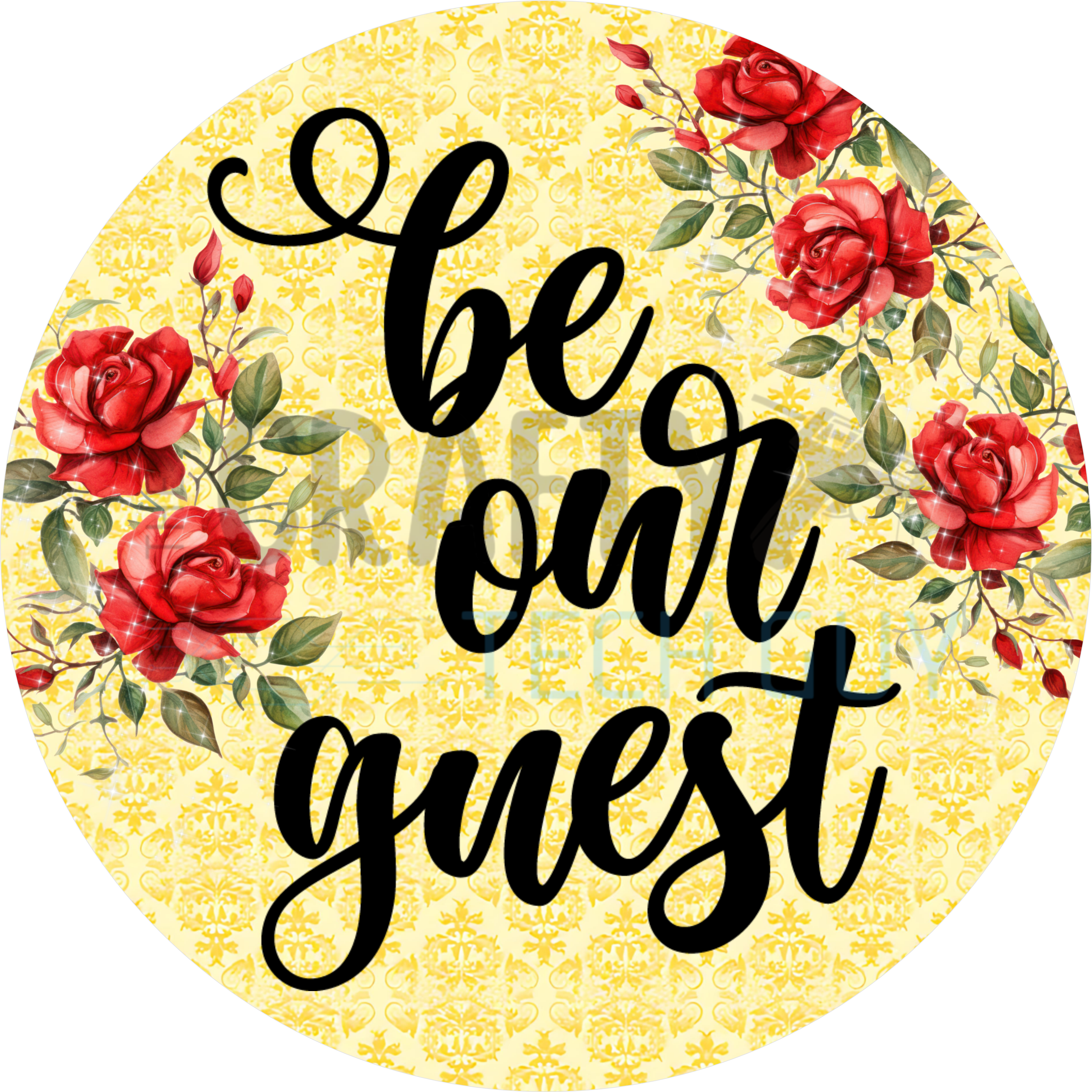 Be Our Guest Round Wreath Sign – Red Rose Floral Door Décor – Yellow Damask Background Welcome Sign