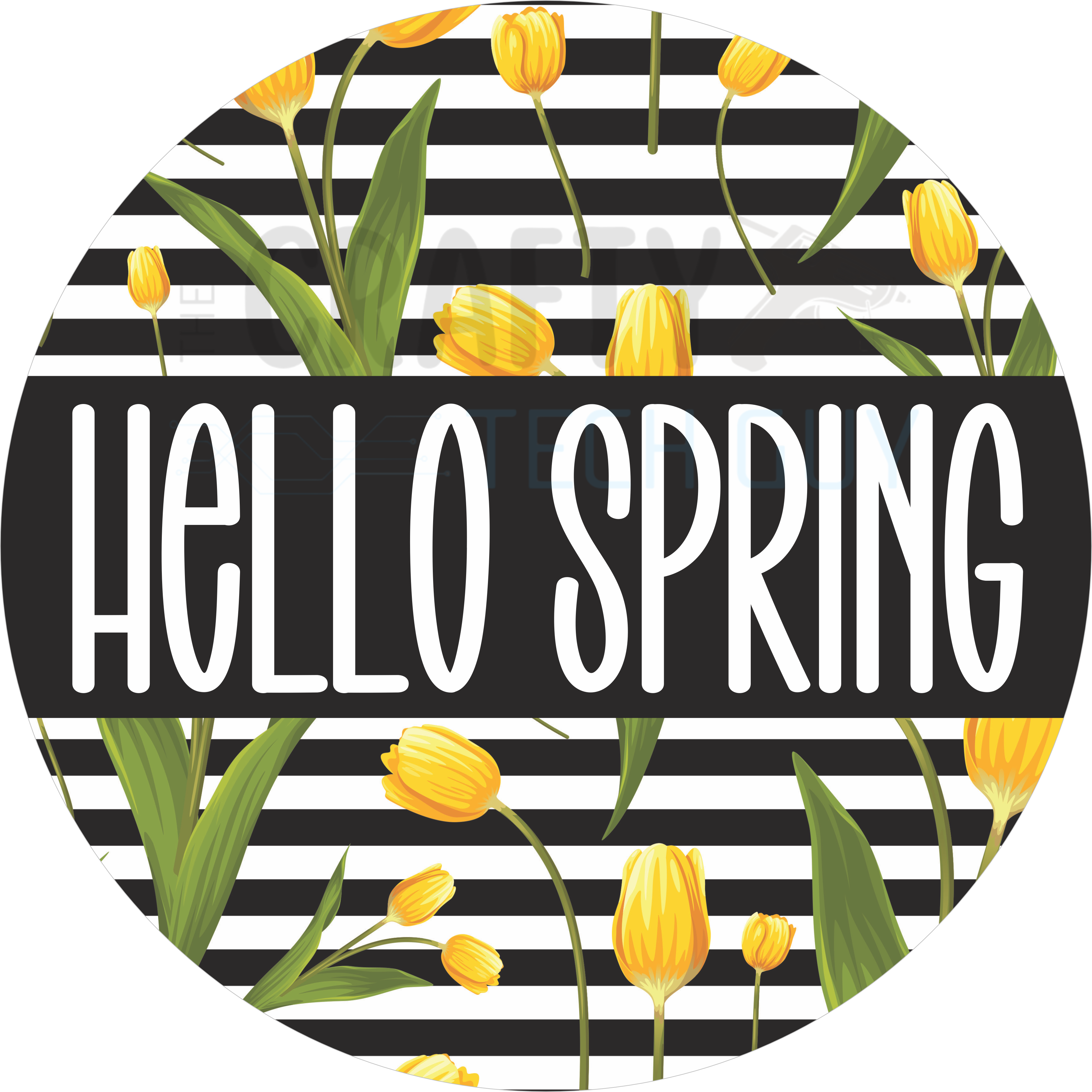 Hello Spring Pink Tulip Black Polka Dot Round Wreath Sign