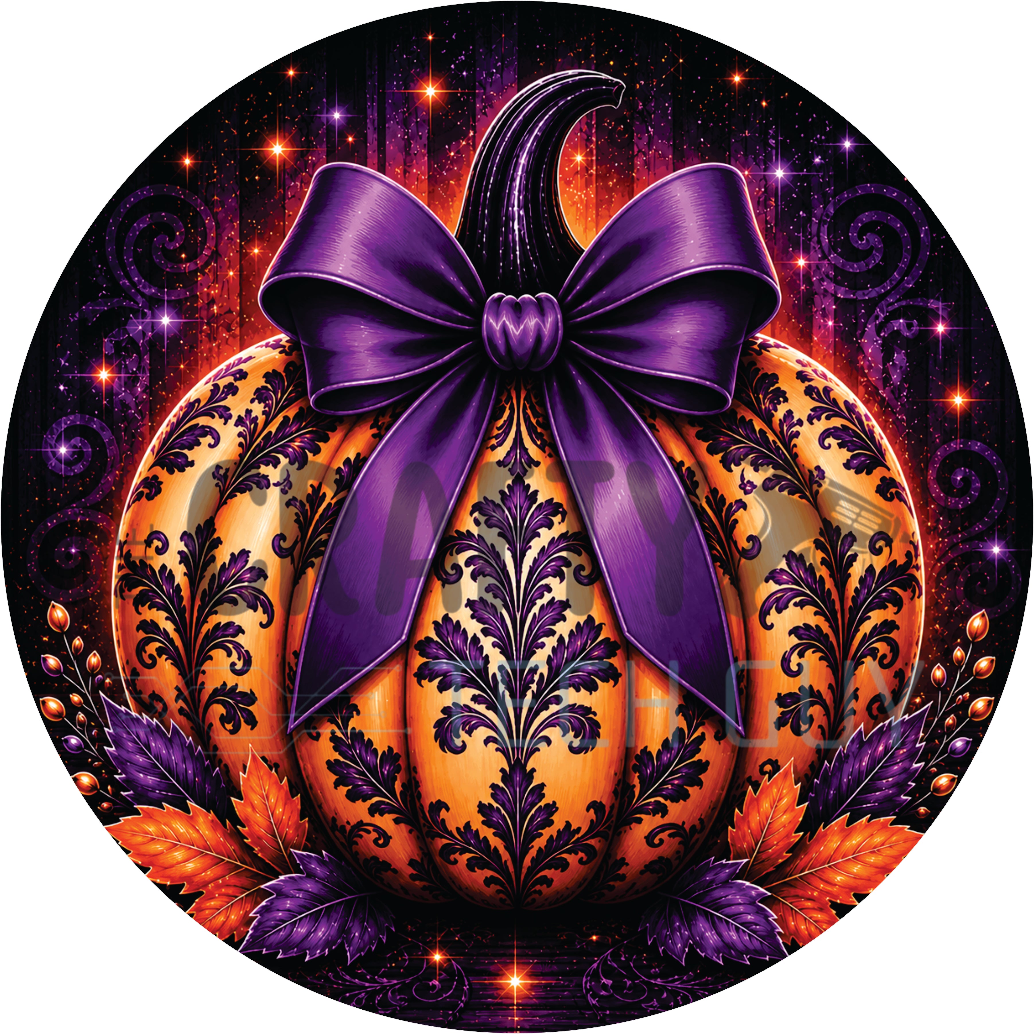 Orange and Purple Damask Halloween Pumpkin Round Wreath Sign
