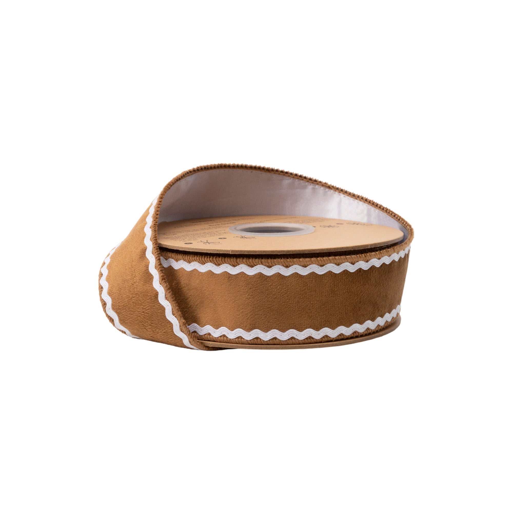 1 1/2 Inch 10 Yard Gingerbread Wired Velvet Ribbon with White Edge Trim on Spool