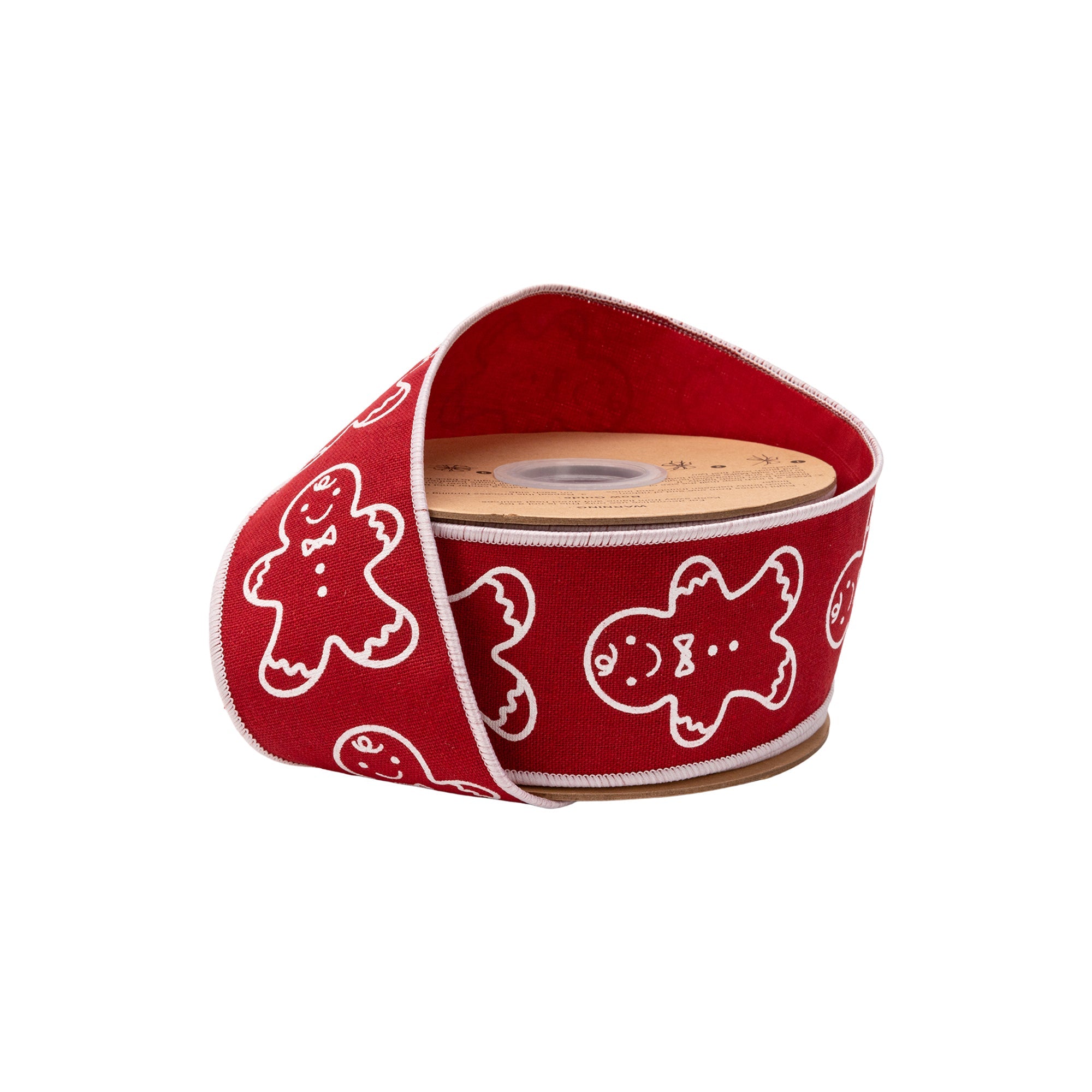 2 1/2 Inch 10 Yard Printed Gingerbread on Red Wired Cotton Linen Ribbon on Spool