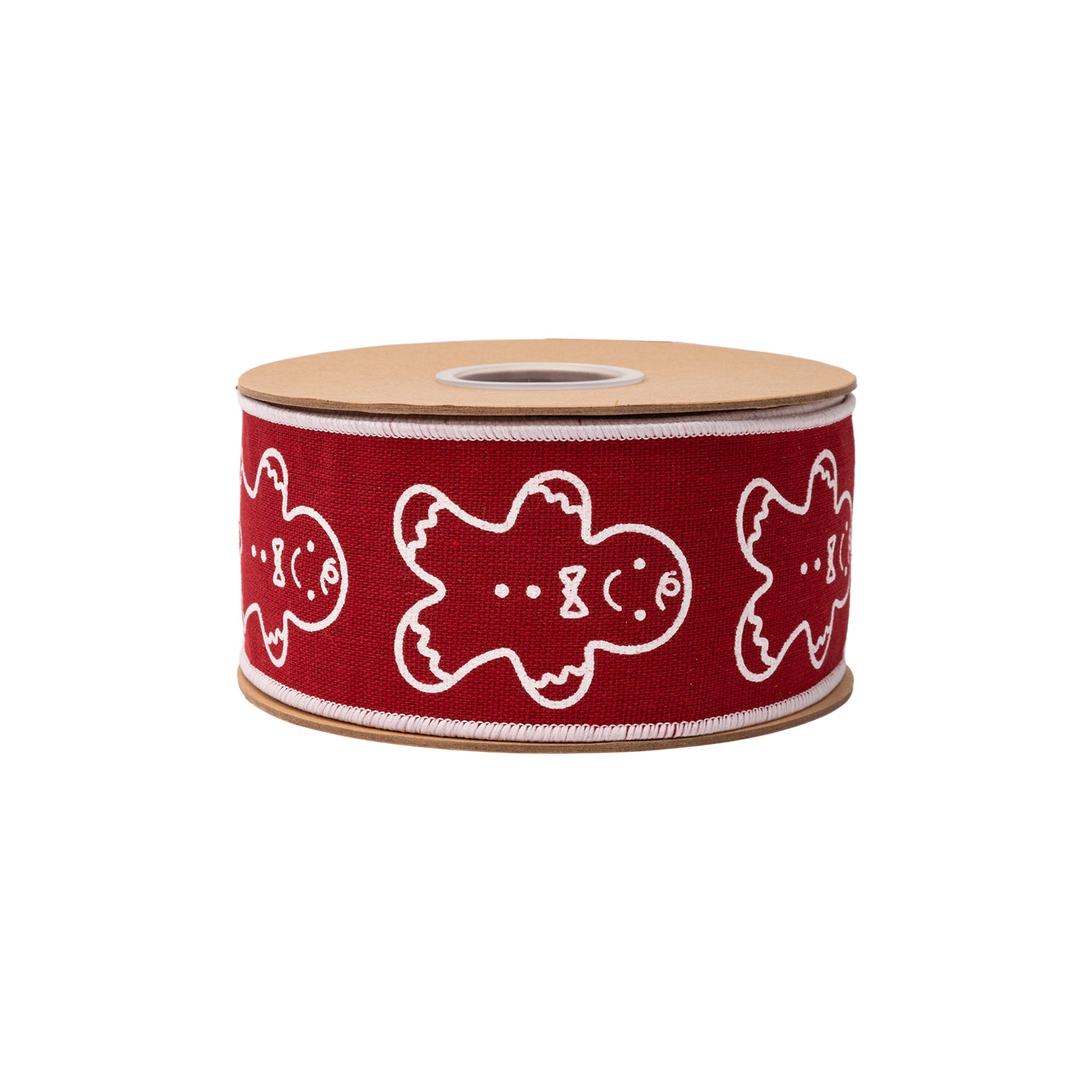 Close Up of White Outlined Gingerbread Men Print on Red Linen Wired Ribbon