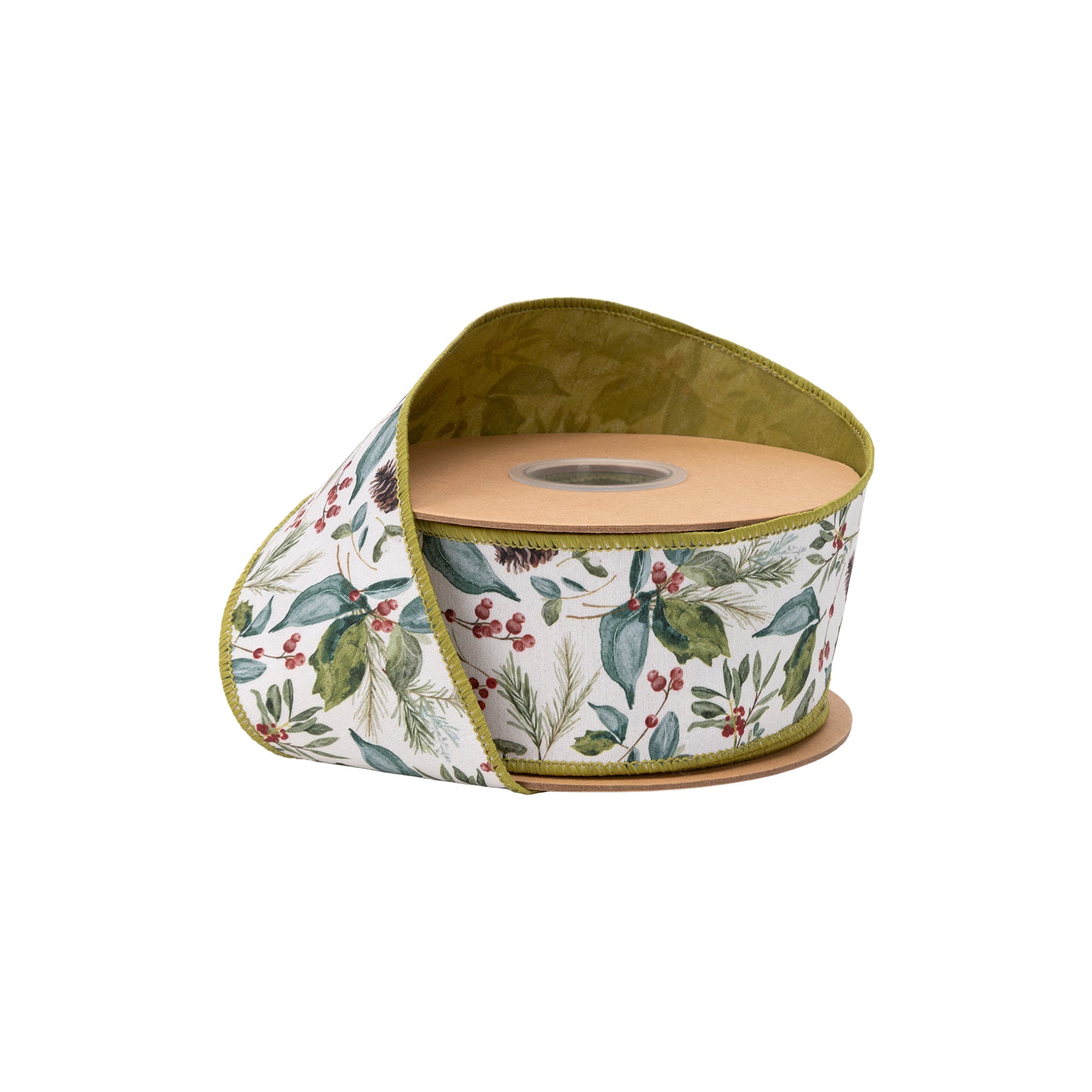 2 1/2 Inch 10 Yard Christmas Floral and Berries Wired Dupioni Ribbon with Green Backing on Spool