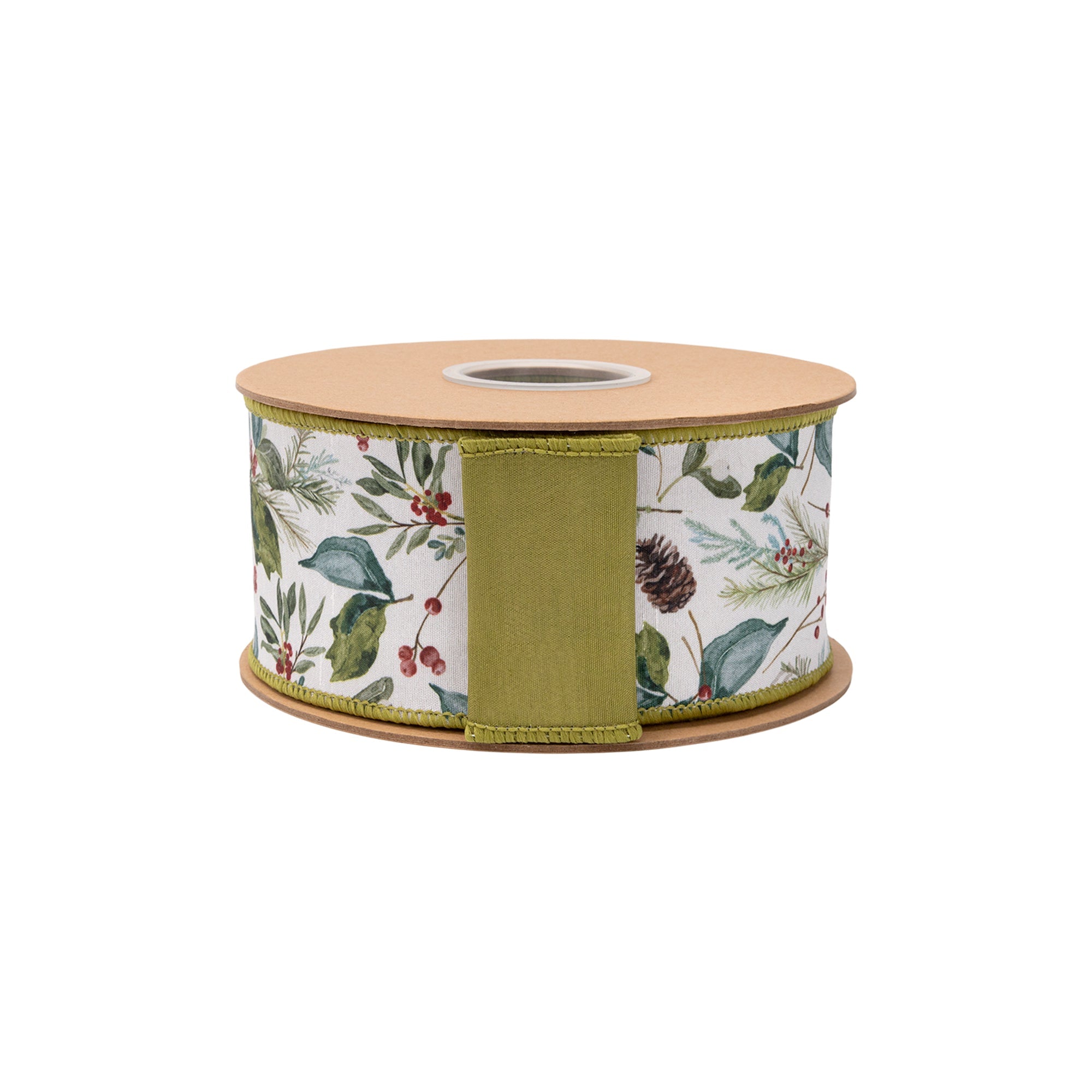 Moss Green Fused Backing on Christmas Floral Wired Dupioni Wreath Ribbon