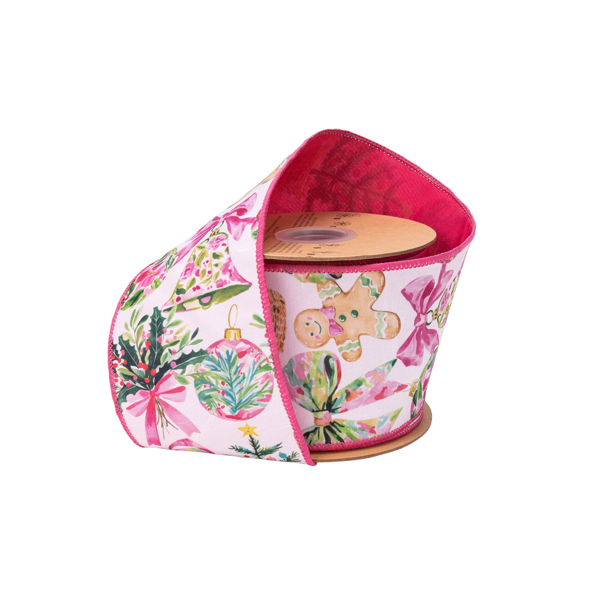 4 Inch 10 Yard Pink Baubles and Bows Wired Dupioni Ribbon with Pink Backing on Spool