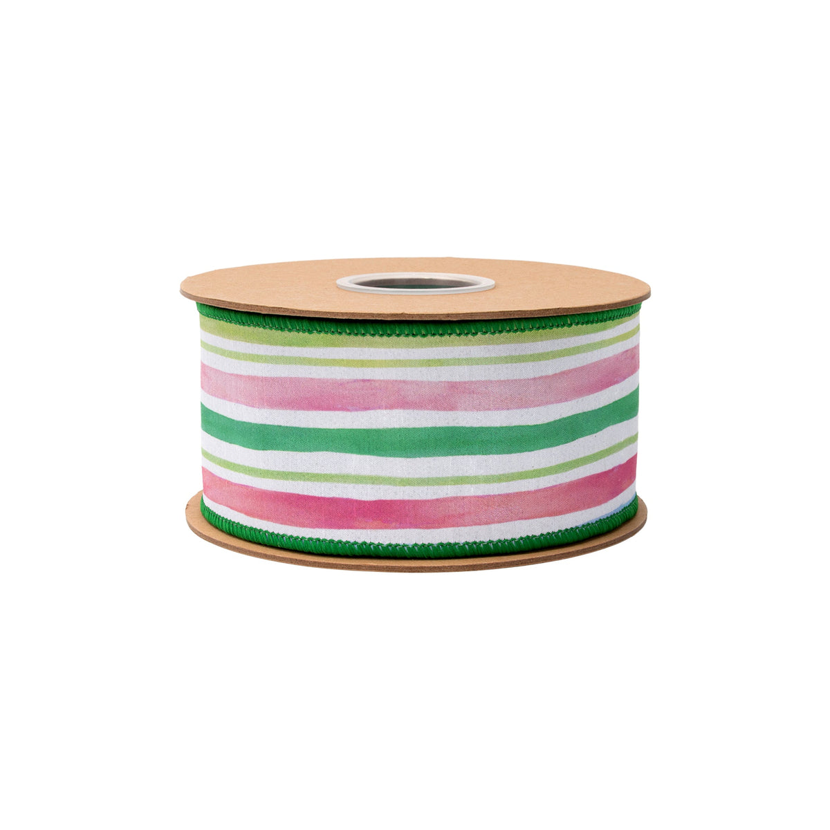 Close Up of Pink Mint and Sage Pastel Stripes on Wired Dupioni Ribbon