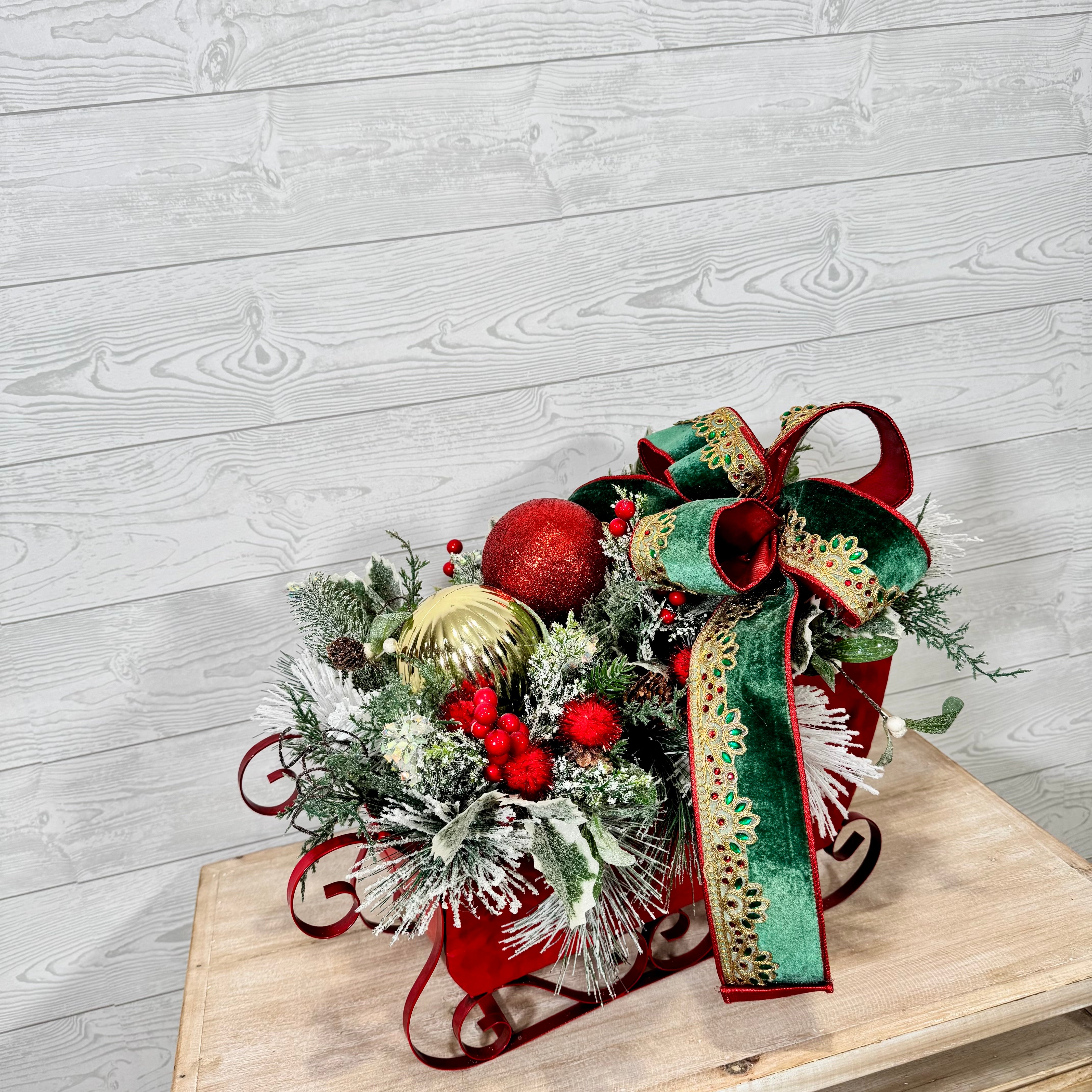 Red Sleigh Christmas Centerpiece, Green Velvet Bow and Ornament Holiday Arrangement, Festive Table Décor