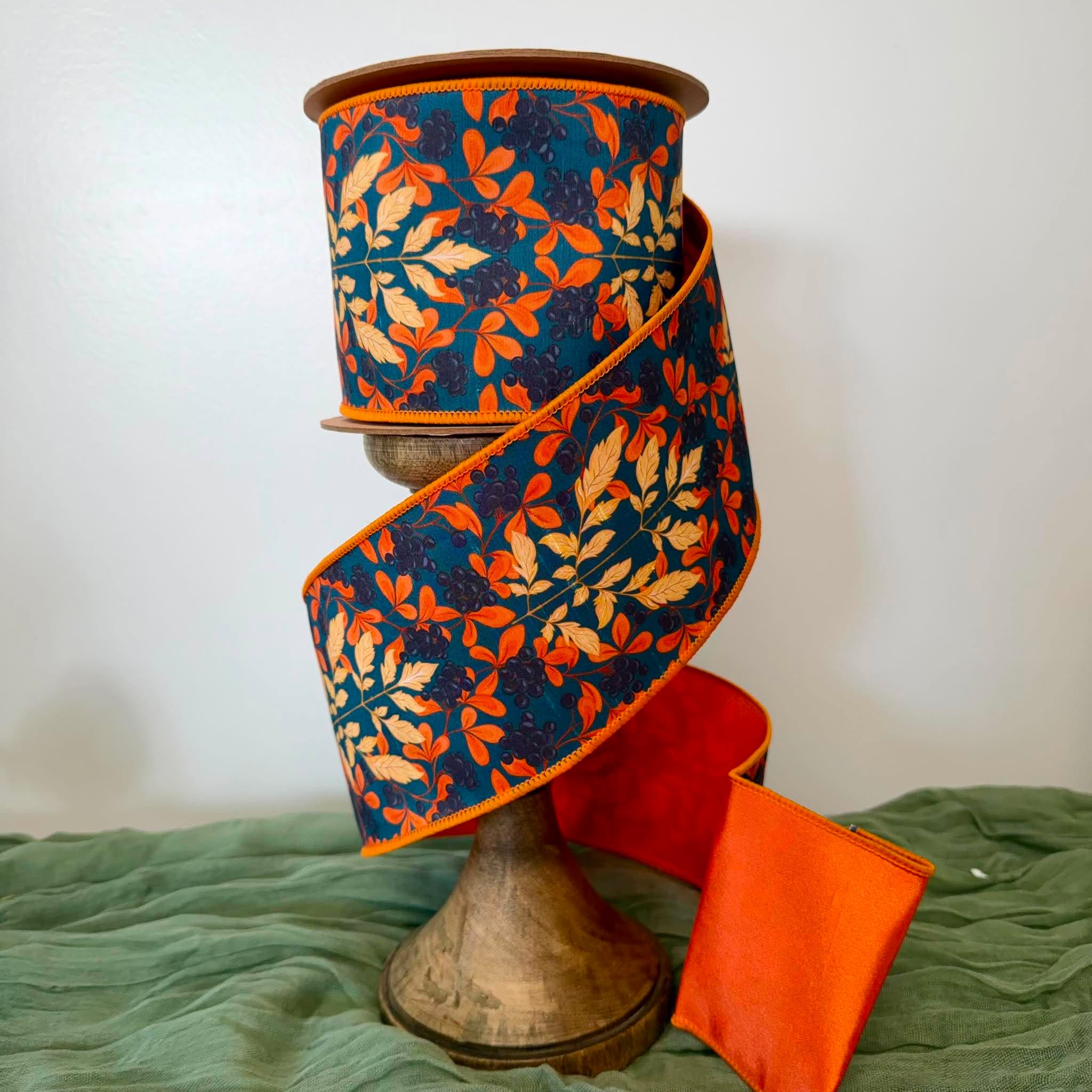 4 Inch 10 Yard Orange and Cream Fall Leaves and Berries on Teal Blue Wired Dupioni Ribbon with Satin Orange Backing