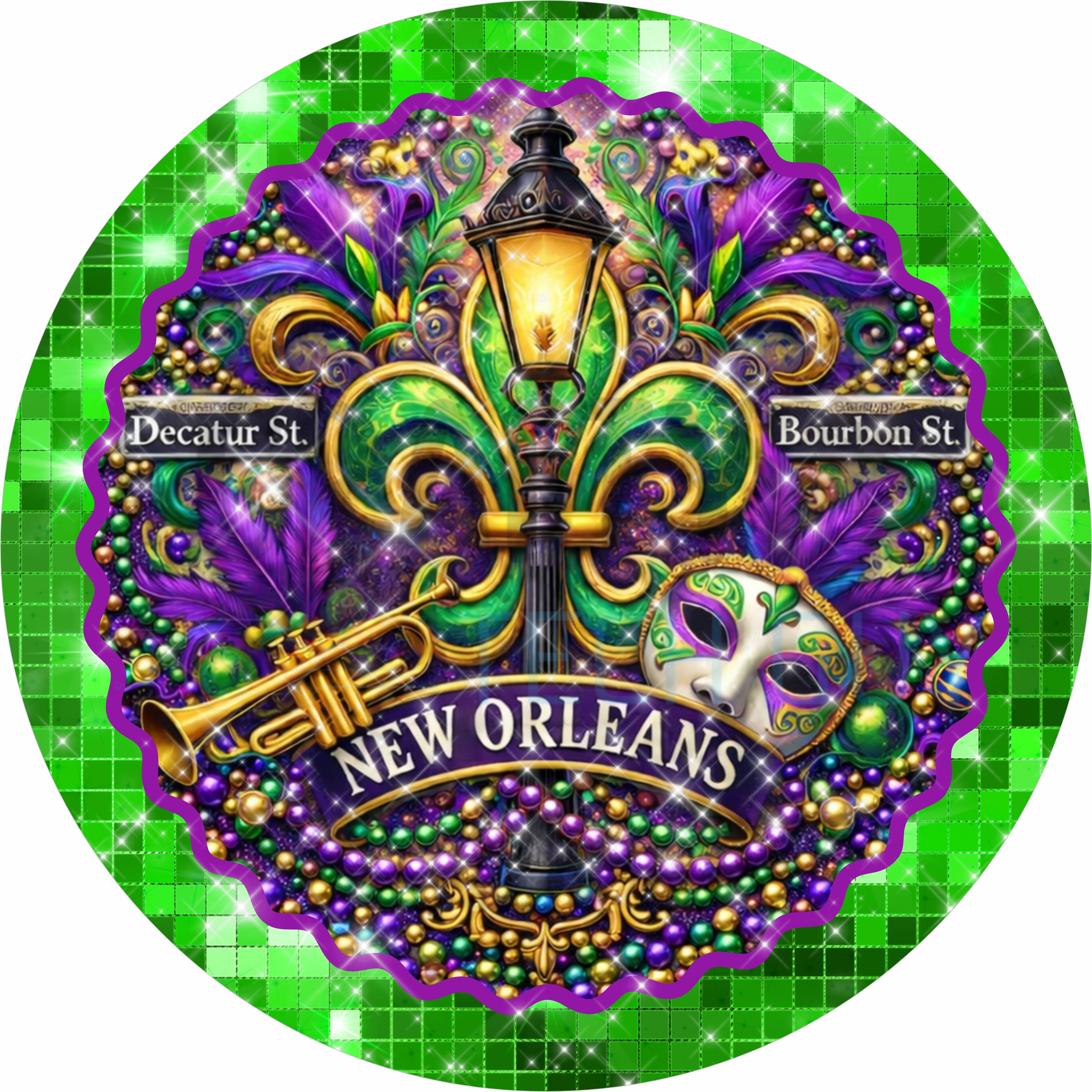 Mardi Gras New Orleans Round Wreath Sign – Purple Green Gold Fleur-de-Lis Bourbon Street Decor