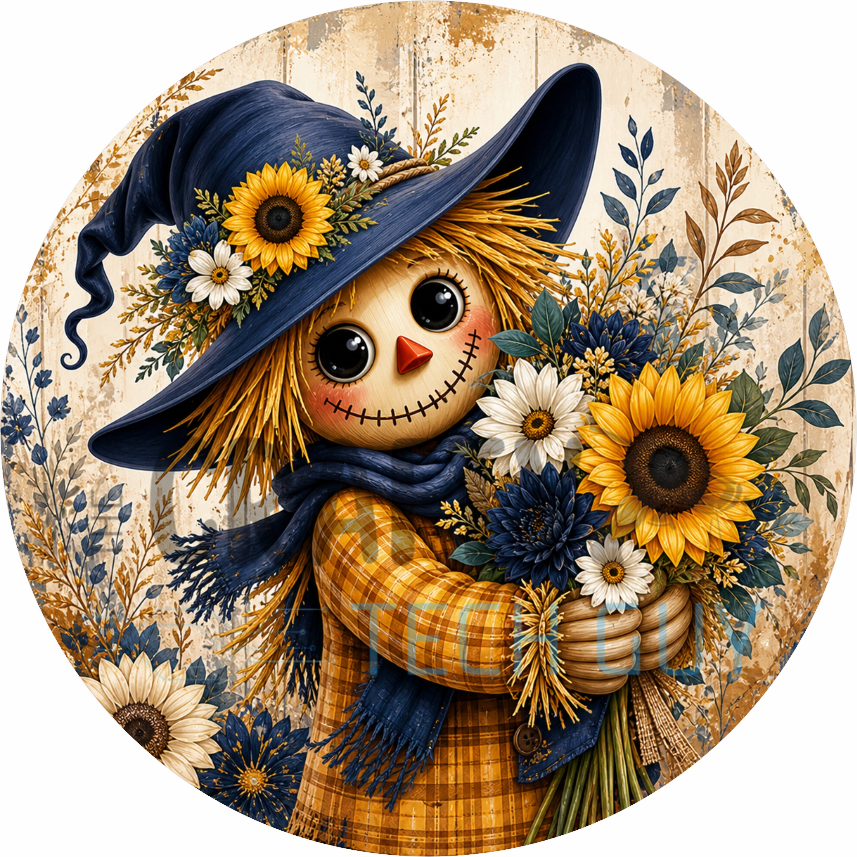 Navy Blue Scarecrow Sunflower Fall Round Wreath Sign