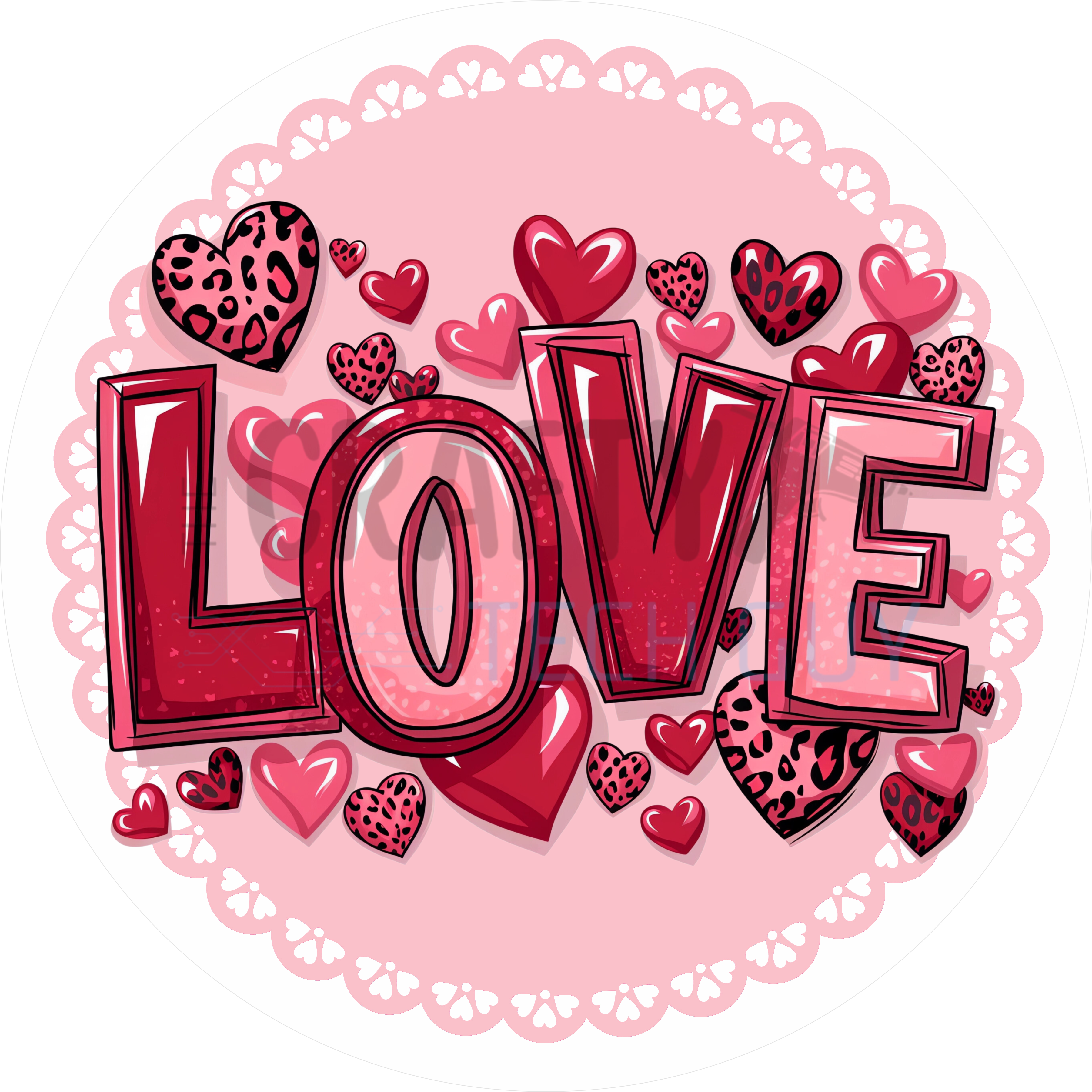 Love Valentine’s Day Sign with Pink Hearts, Leopard Print Accents, and Romantic Red Layered Lettering on Doily Background