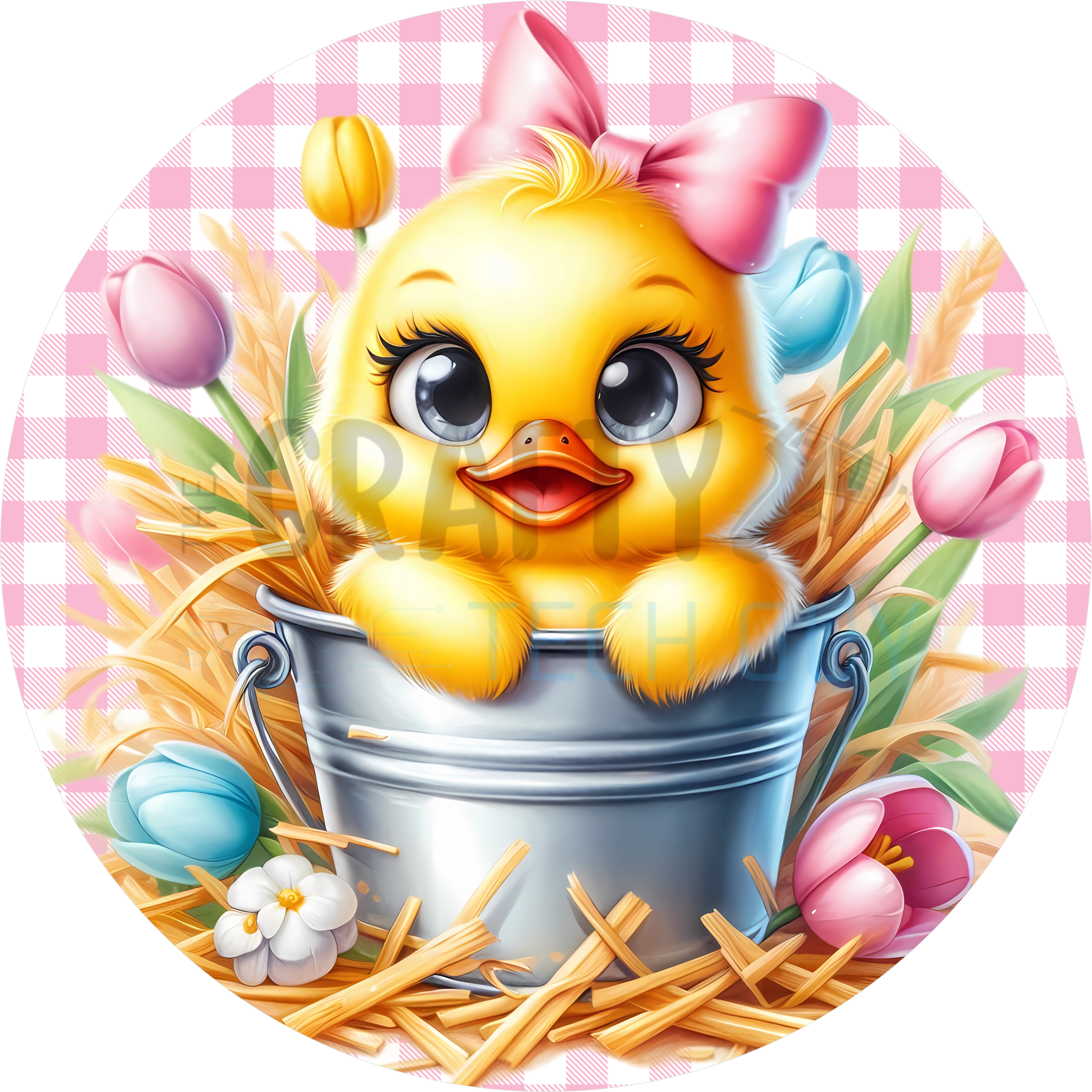 Spring Duckling Wreath Sign – Pink Gingham & Tulips