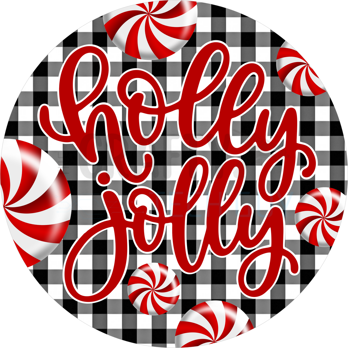 Holly Jolly Christmas Design with Peppermint Candies, Red Script Lette