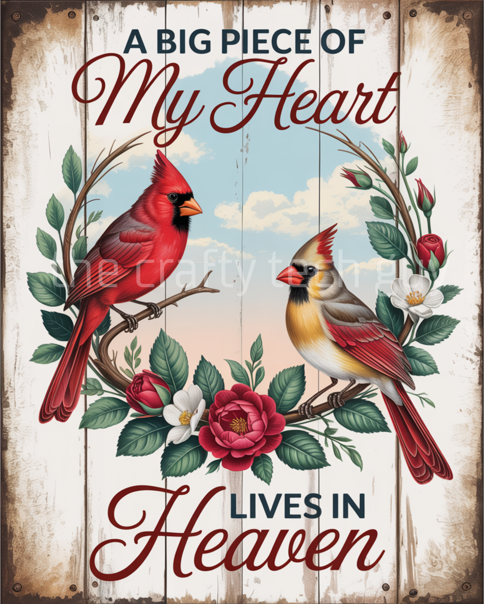 Cardinal Memorial Sign, A Big Piece of My Heart Lives in Heaven Art, Inspirational Cardinal Wall Décor, Rustic Floral Tribute Design