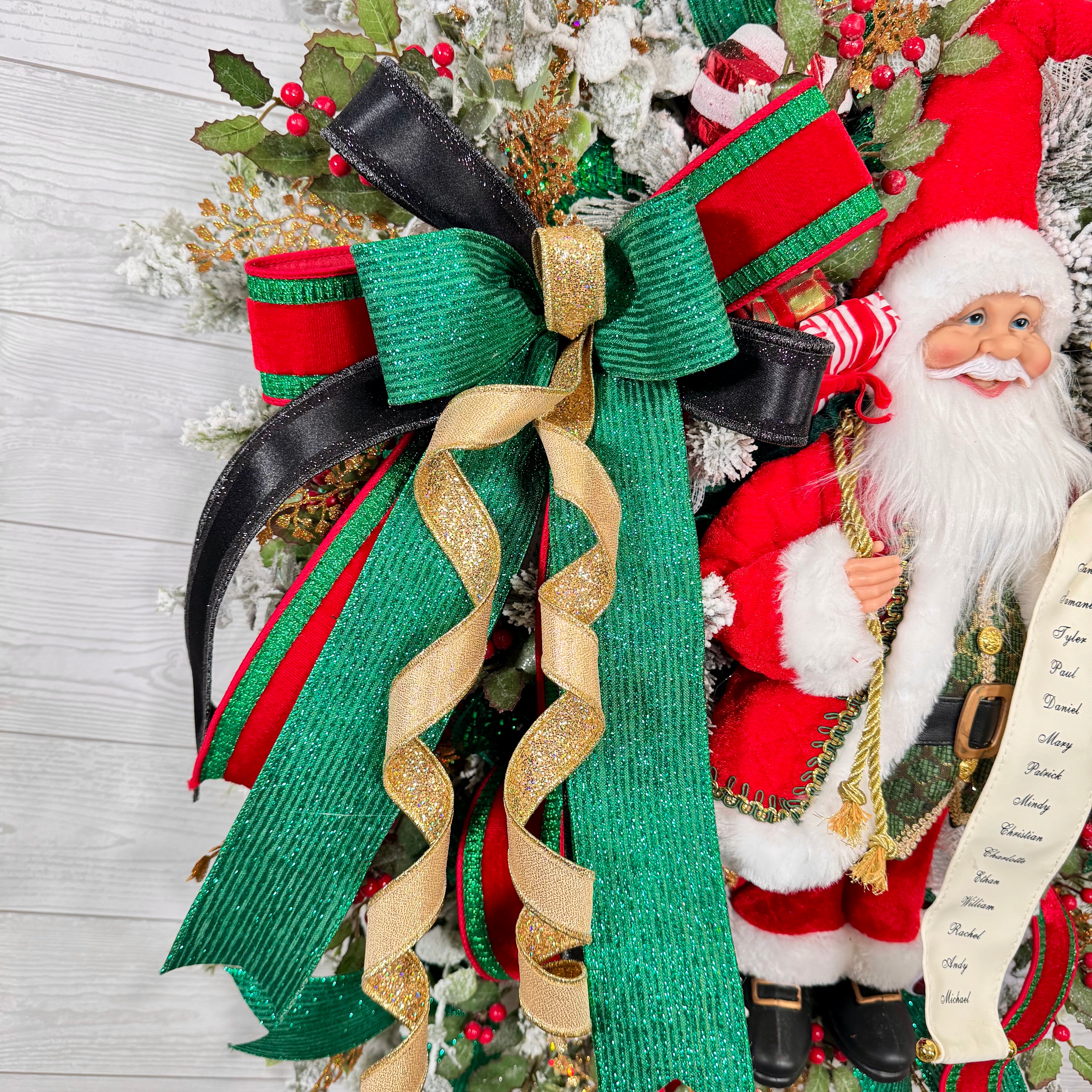 Santa Christmas Wreath, Festive Holiday Wreath with Santa Figure, Green and Gold Ribbon, Red Berries & Peppermint Accents