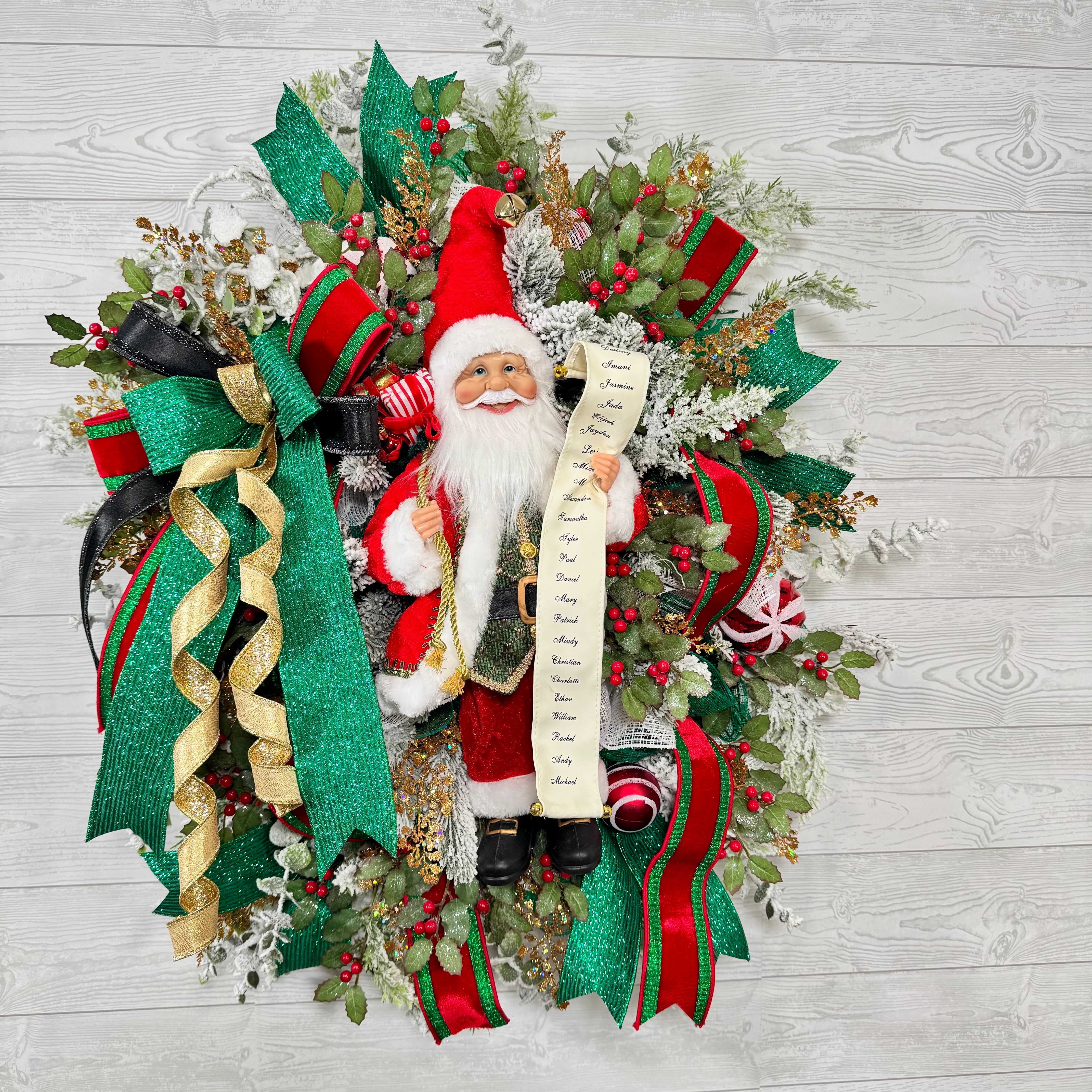 Santa Christmas Wreath, Festive Holiday Wreath with Santa Figure, Green and Gold Ribbon, Red Berries & Peppermint Accents