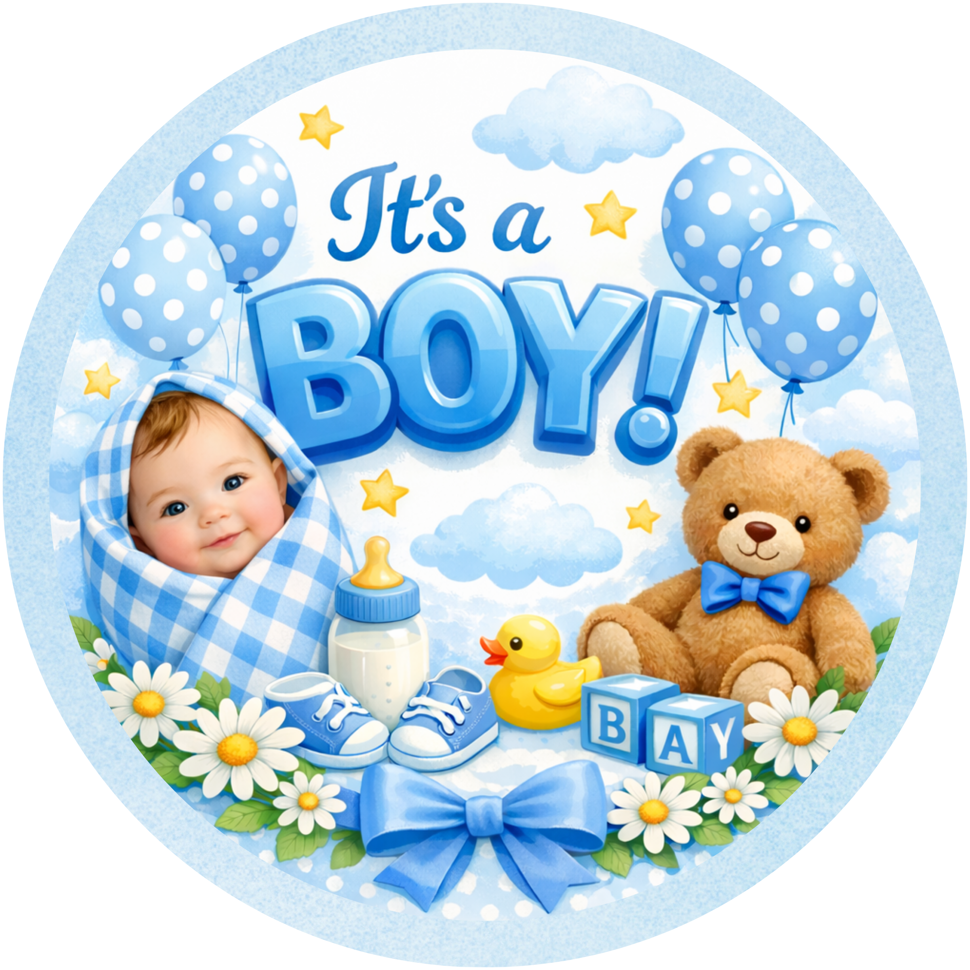 It’s a Boy Baby Shower Round Sign, Blue Nursery Decor, Teddy Bear and Balloon Baby Wreath Sign
