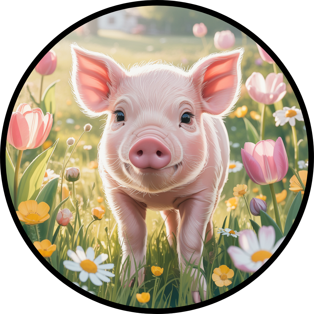 Spring Piglet Meadow Sign, Cute Baby Pig Floral Artwork, Whimsical Far
