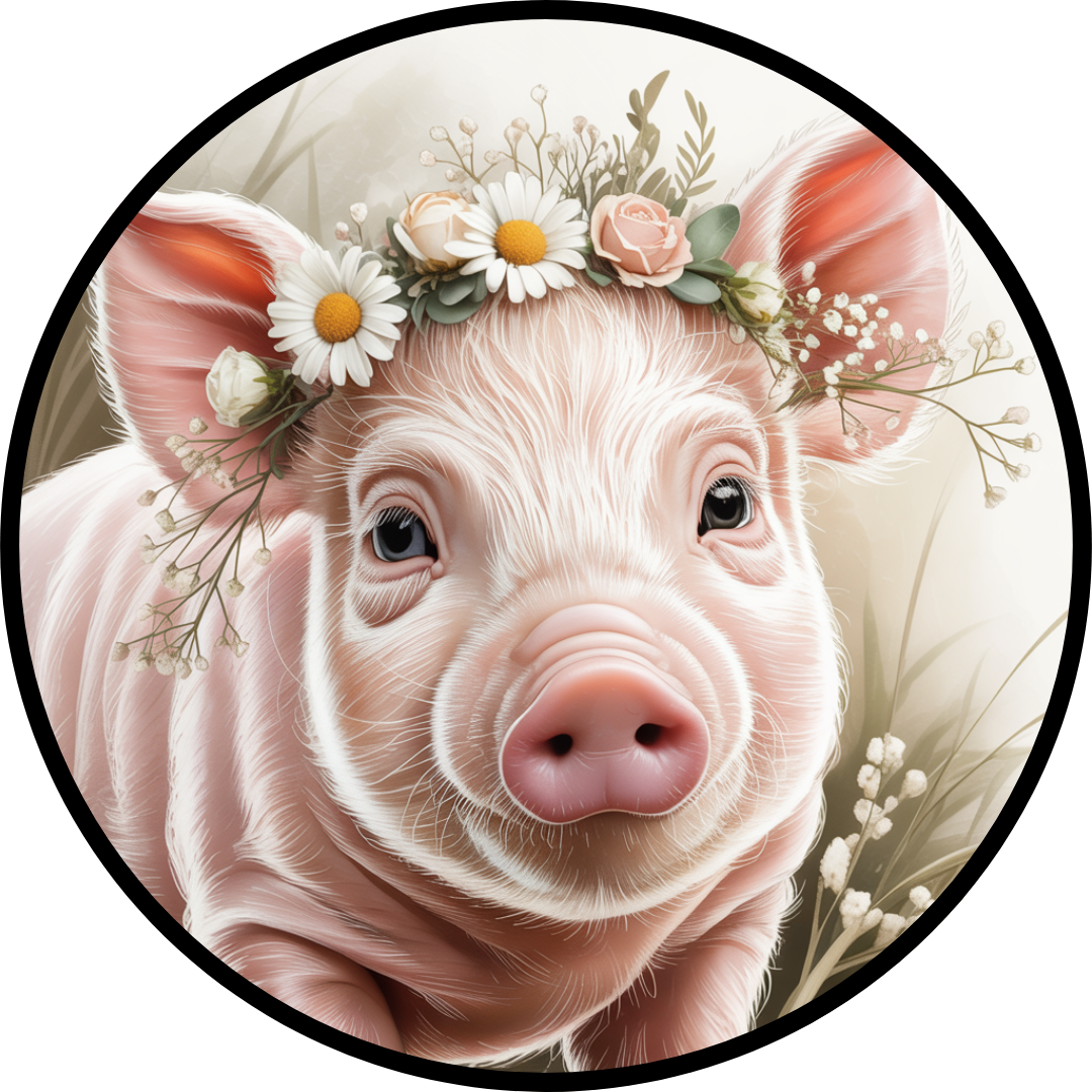 Spring Piglet Flower Crown Sign, Cute Baby Pig Farmhouse Artwork, Whimsical Spring Decor Accent