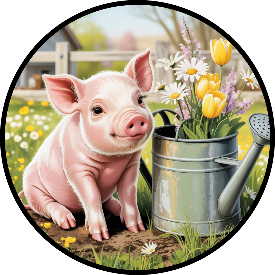 Spring Piglet Garden Sign, Cute Baby Pig Floral Artwork, Farmhouse Spring Decor Accent