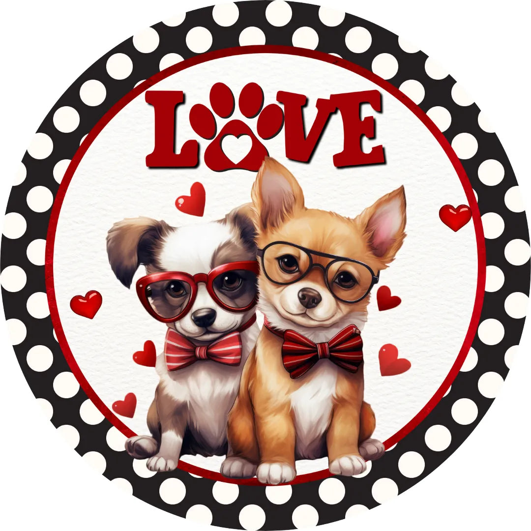 Polka Dot Love Puppies Valentine's Day Sign, Cute Dogs with Glasses and Bow Ties, Puppy Love Art, Romantic Dog Decor, Adorable Wall Print