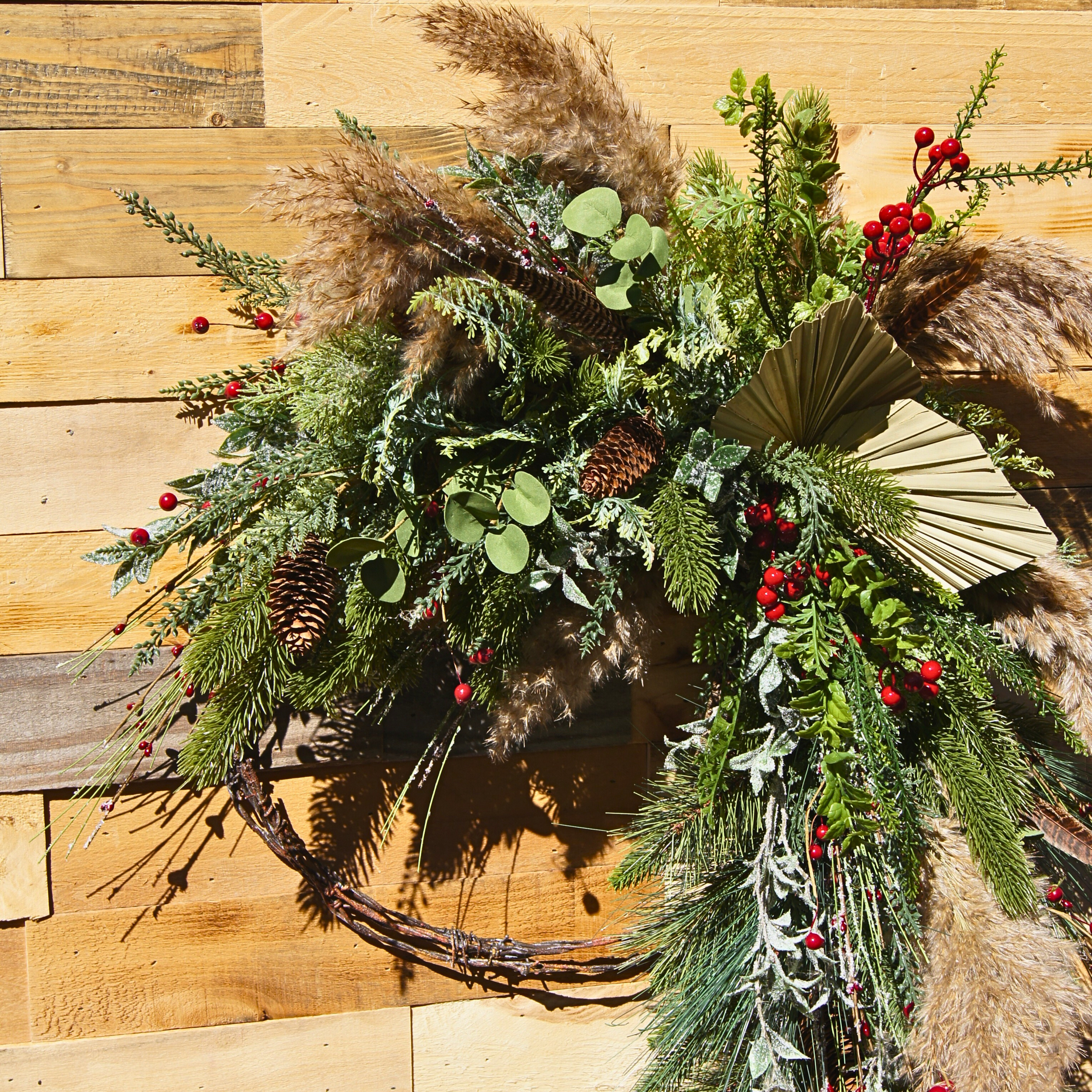 Boho Winter Wreath with Pampas Grass, Red Berries & Pinecones – Rustic Barbed Wire Base