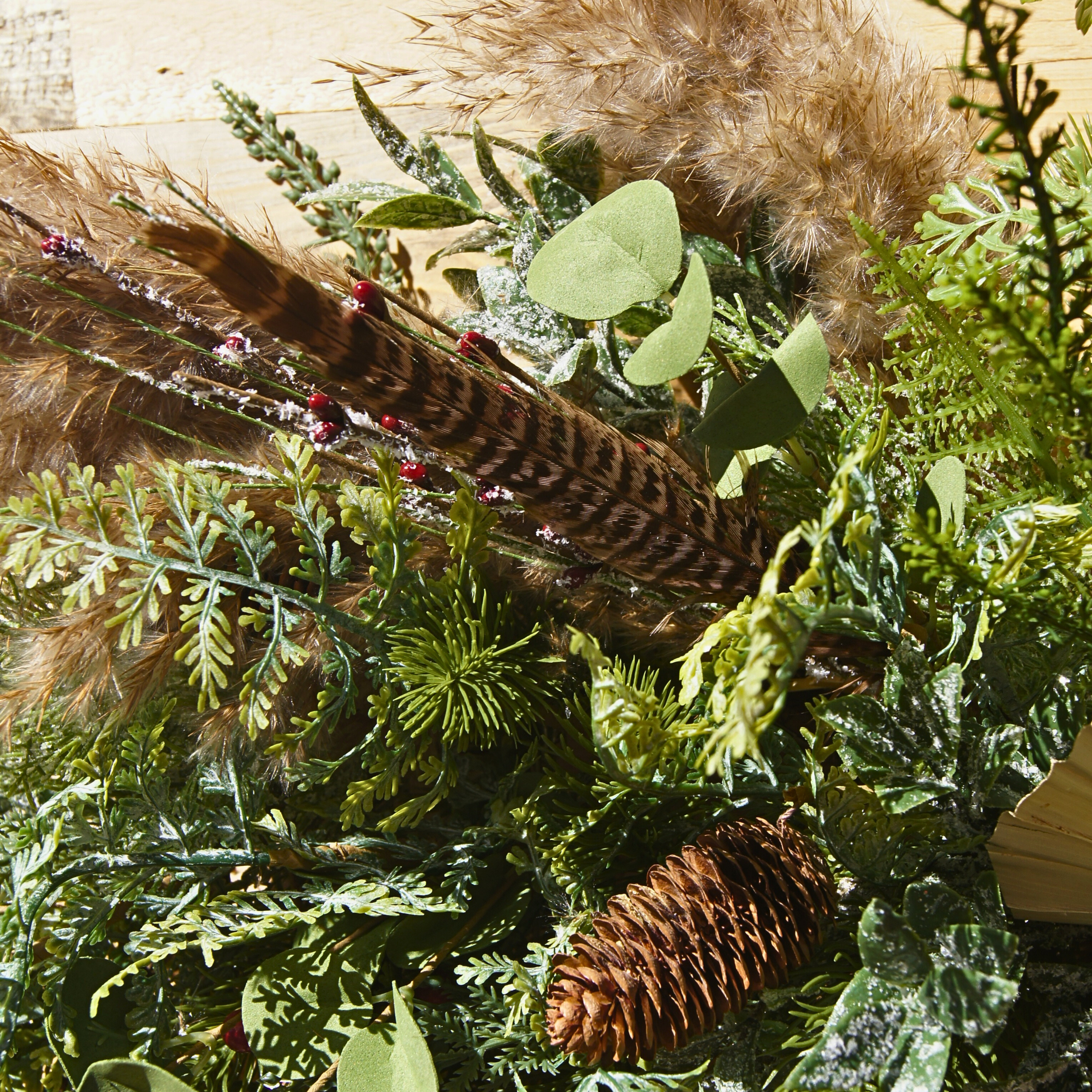 Boho Winter Wreath with Pampas Grass, Red Berries & Pinecones – Rustic Barbed Wire Base