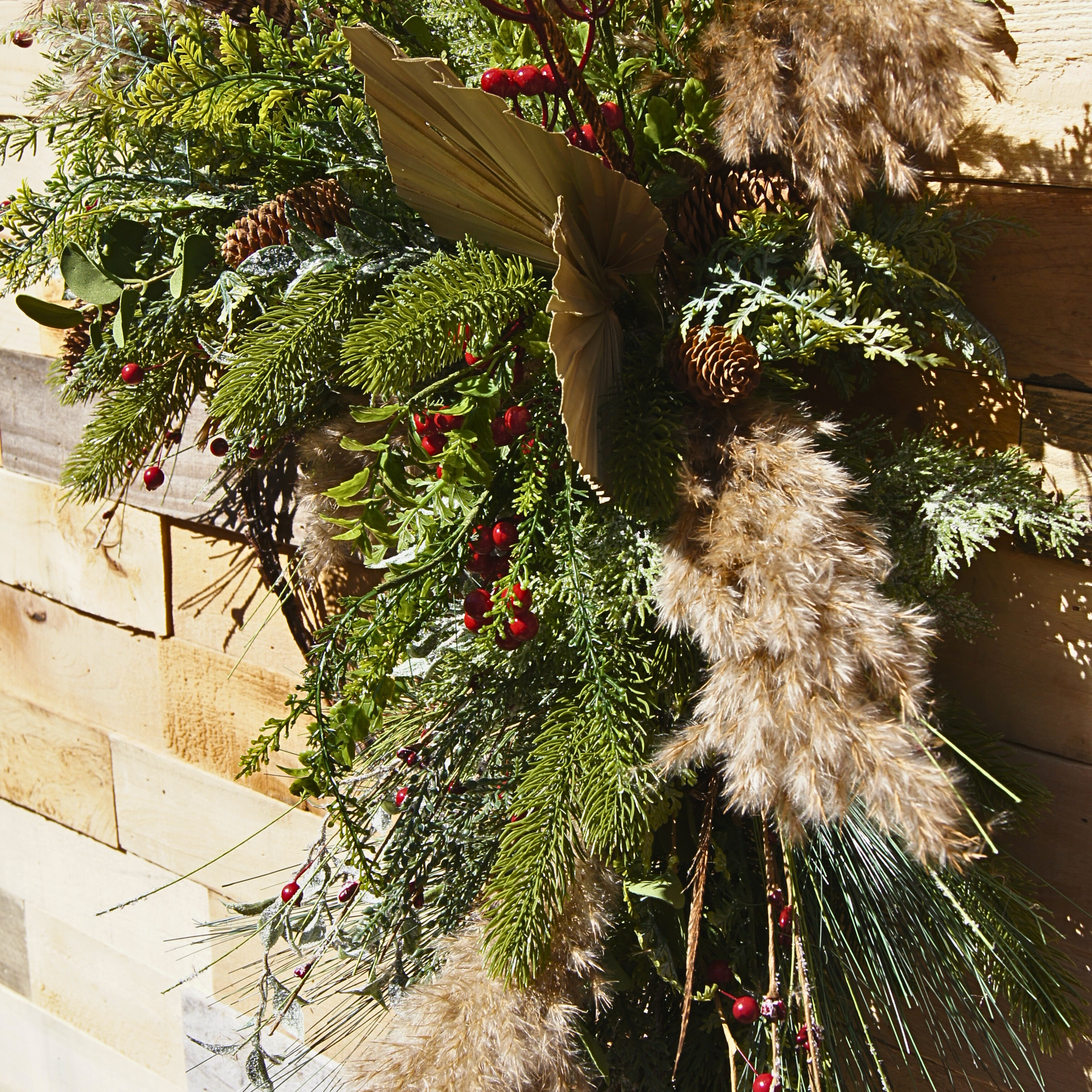 Boho Winter Wreath with Pampas Grass, Red Berries & Pinecones – Rustic Barbed Wire Base