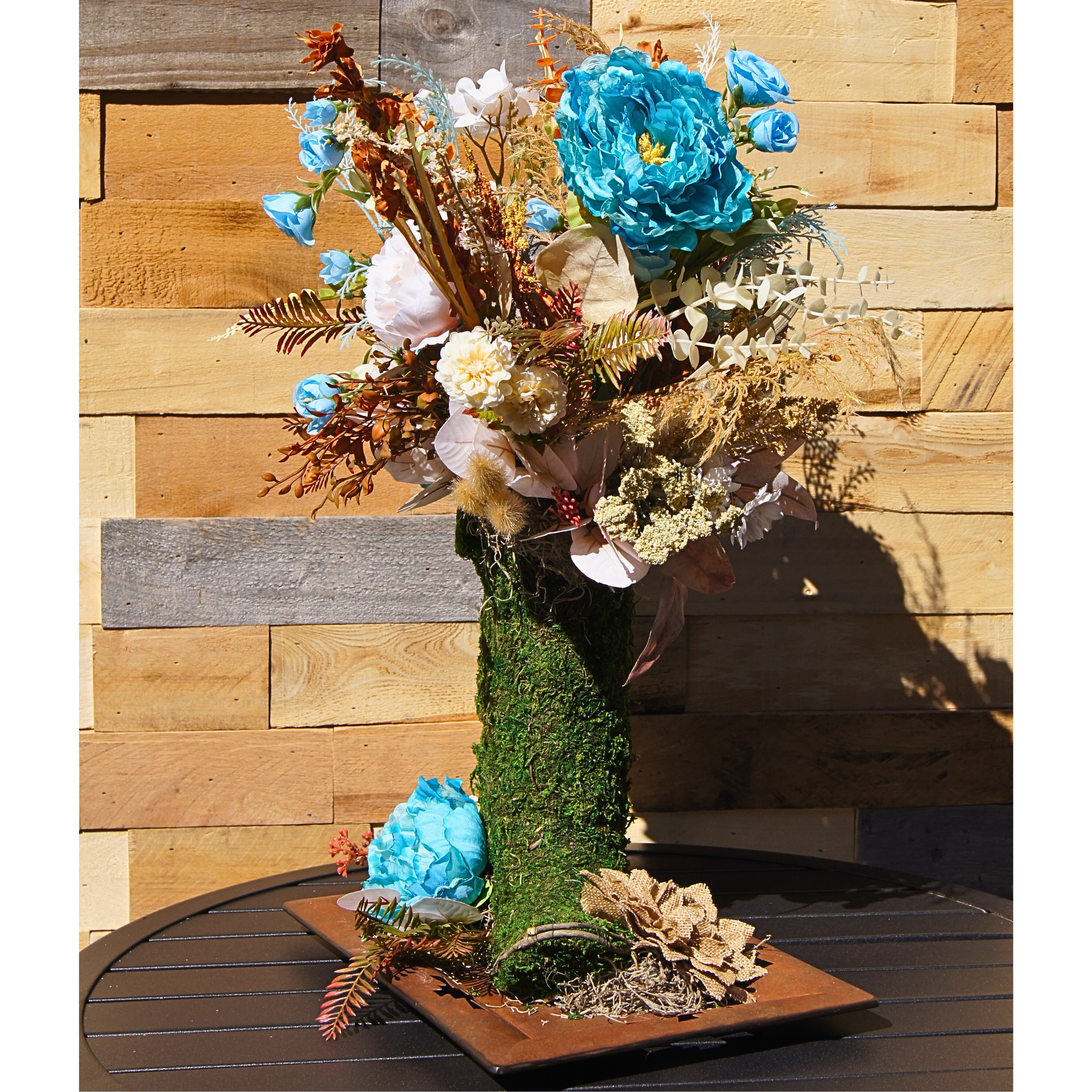 Boho Moss Cowboy Boot Floral Arrangement, Rustic Western Home Decor with Blue and Neutral Flowers