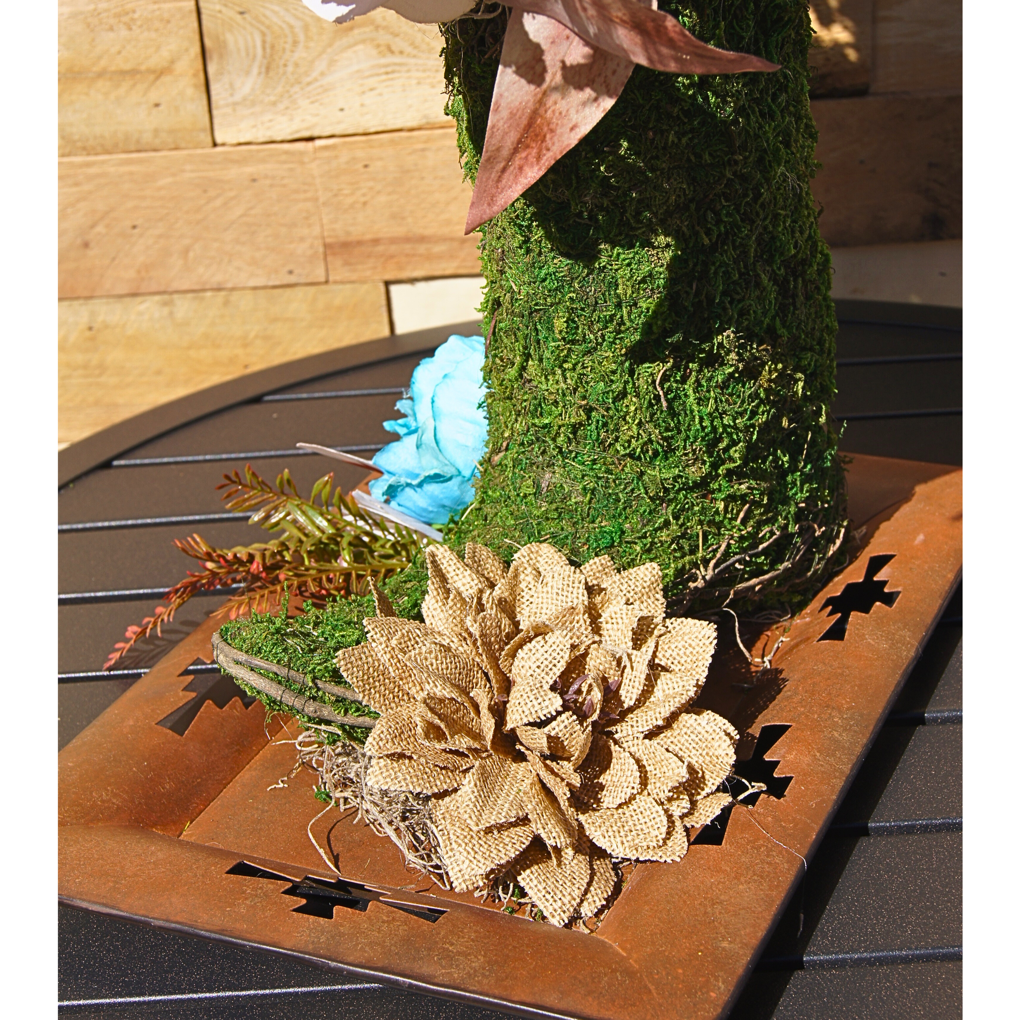 Boho Moss Cowboy Boot Floral Arrangement, Rustic Western Home Decor with Blue and Neutral Flowers