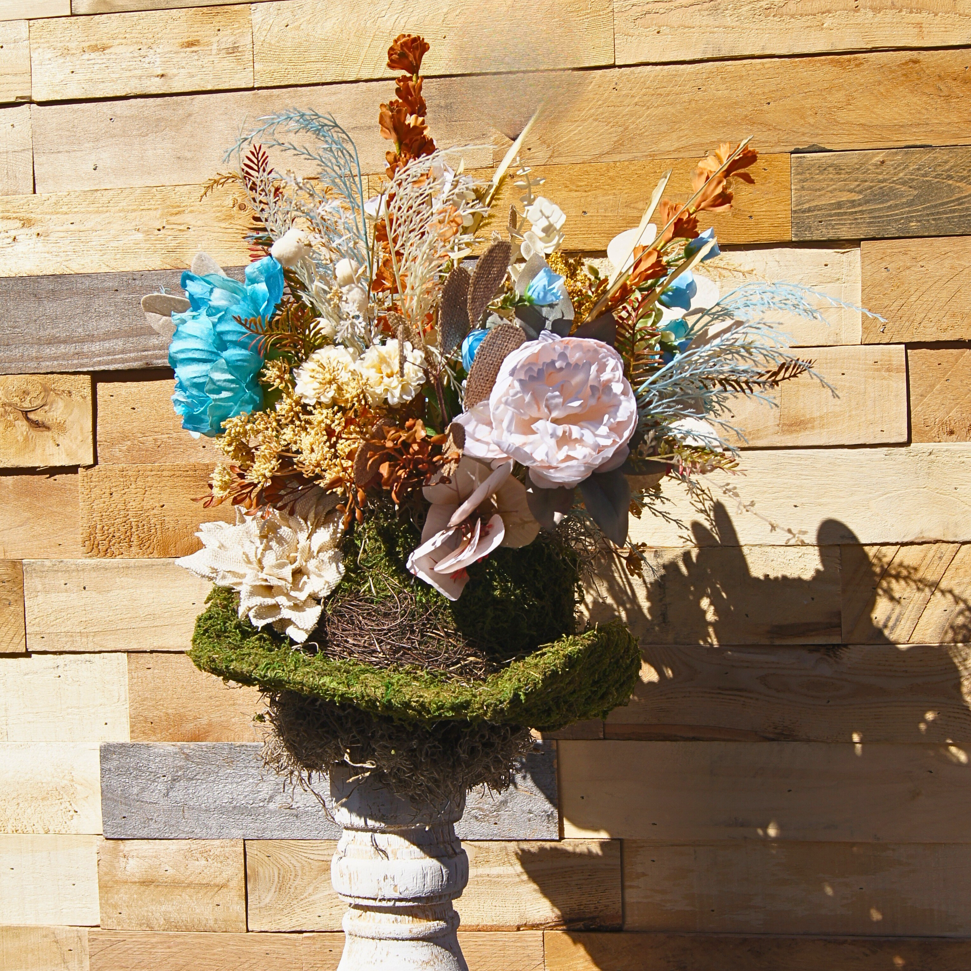 Boho Moss Cowboy Hat Floral Arrangement with Dried and Faux Flowers – Rustic Western Home Décor