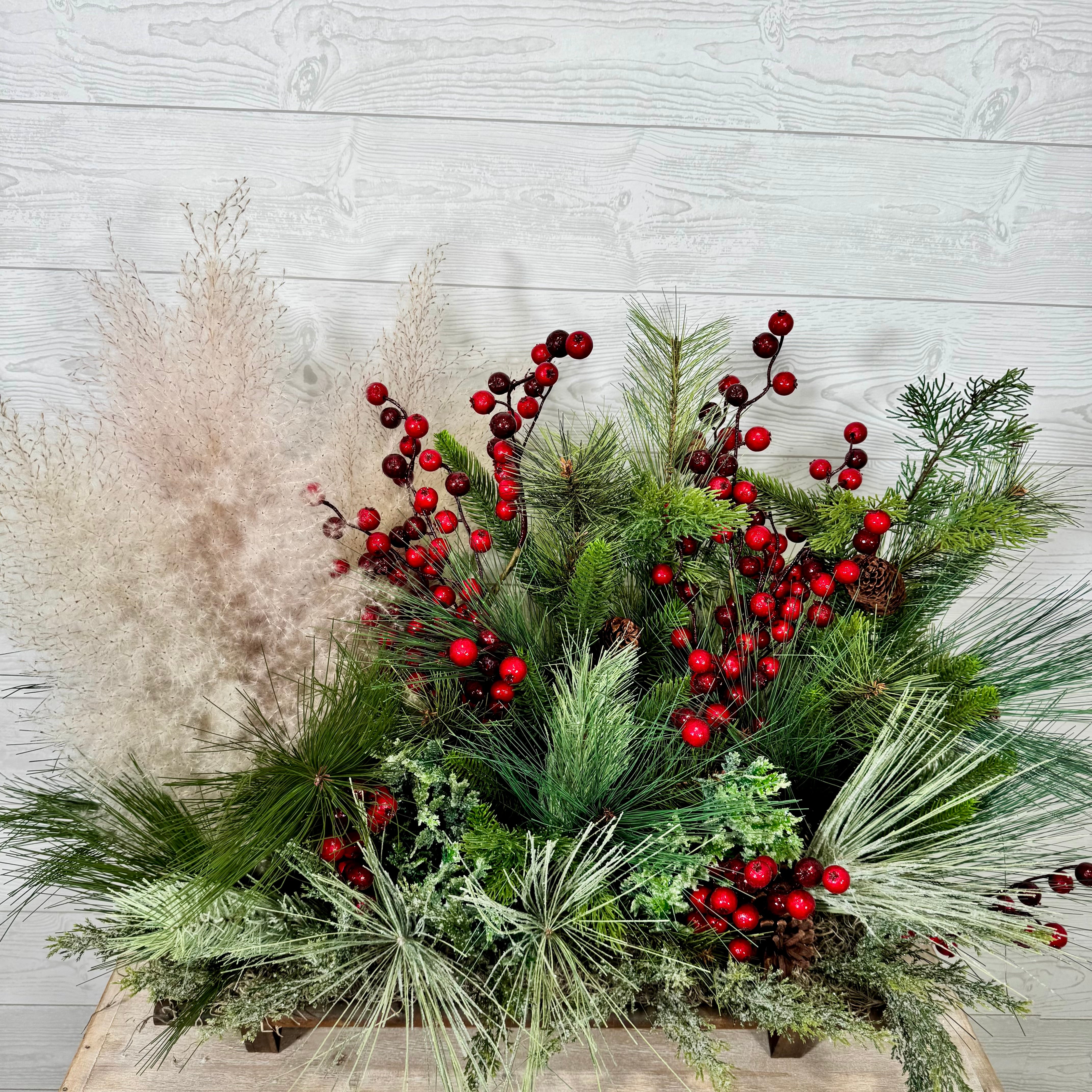 Rustic Woodland Christmas Centerpiece, Red Berry and Pine Arrangement with Pampas Grass, Winter Farmhouse Holiday Decor