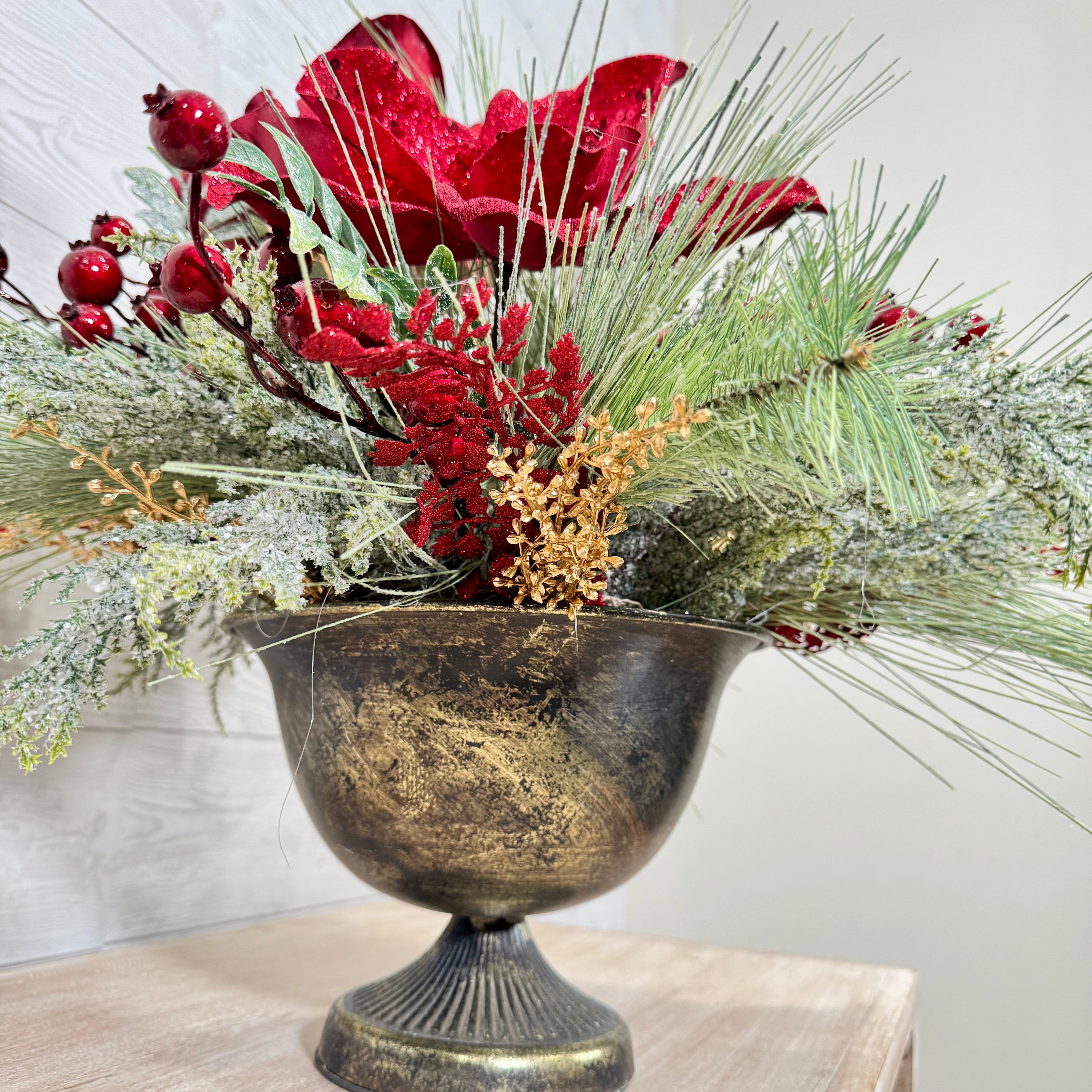 Elegant Red Magnolia Christmas Centerpiece, Holiday Floral Arrangement with Velvet Blooms, Winter Greenery & Berries, Luxury Christmas Table Decor