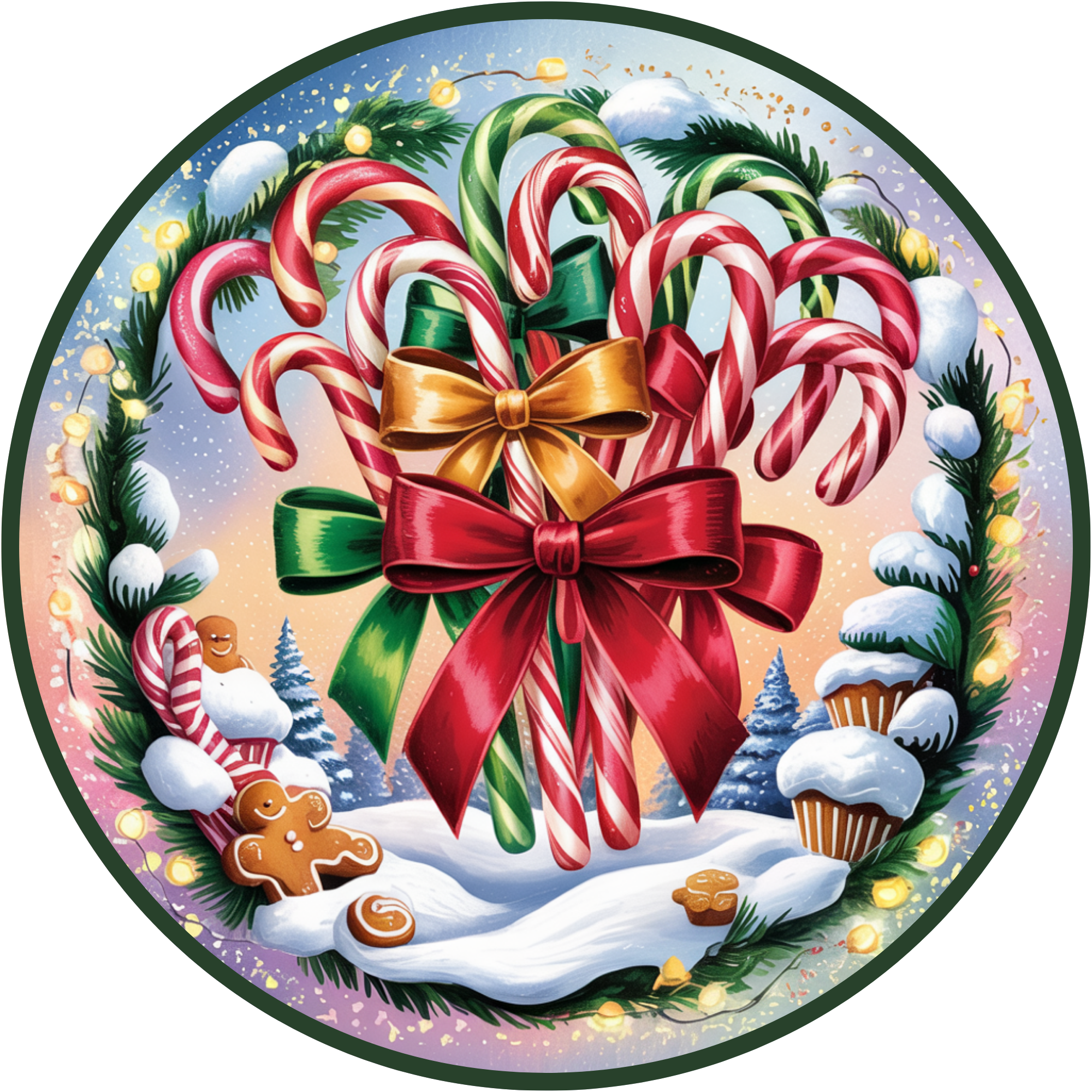 Candy Cane Christmas Sign, Festive Red and Green Bow Design, Gingerbread and Holiday Lights Wall Décor