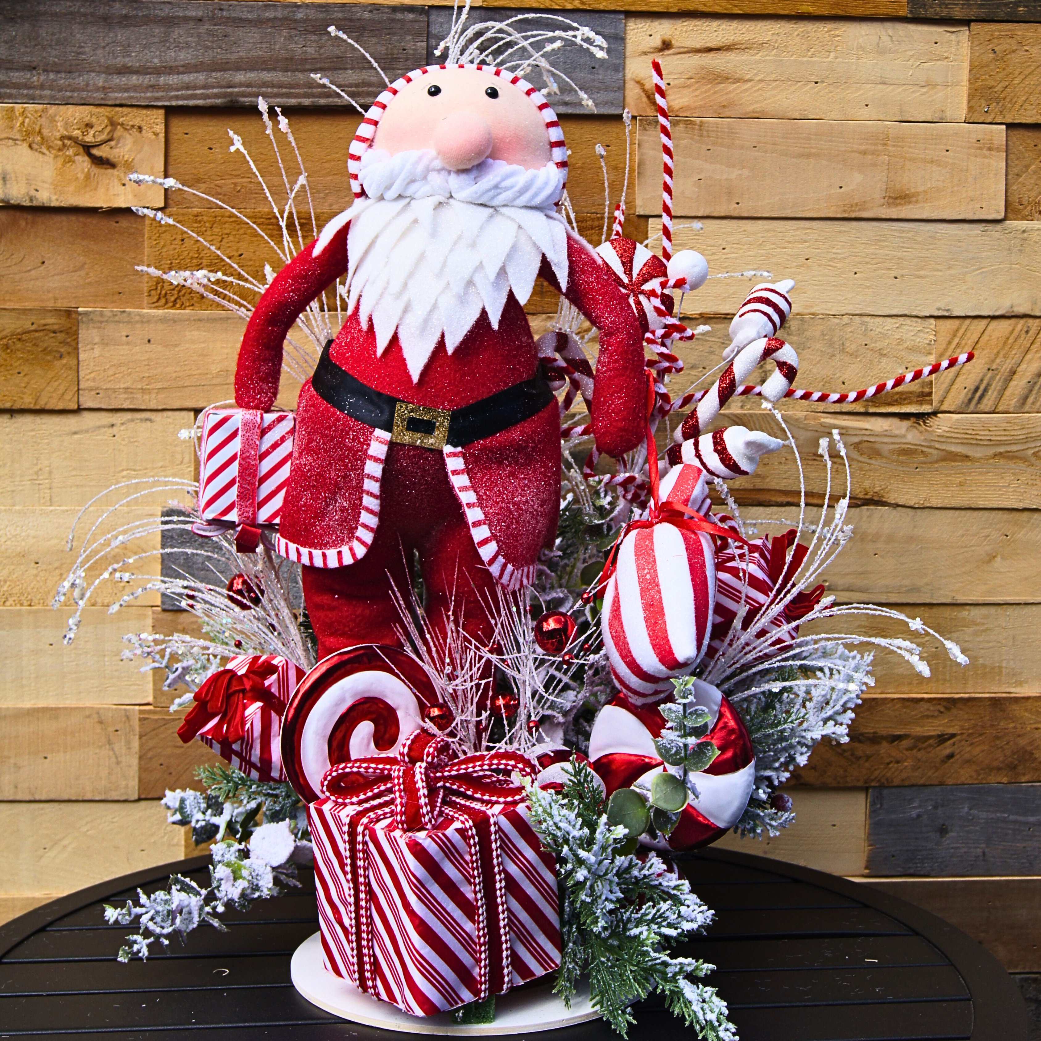 Whimsical Santa Christmas Centerpiece with Candy Cane Accents and Peppermint Gift Details