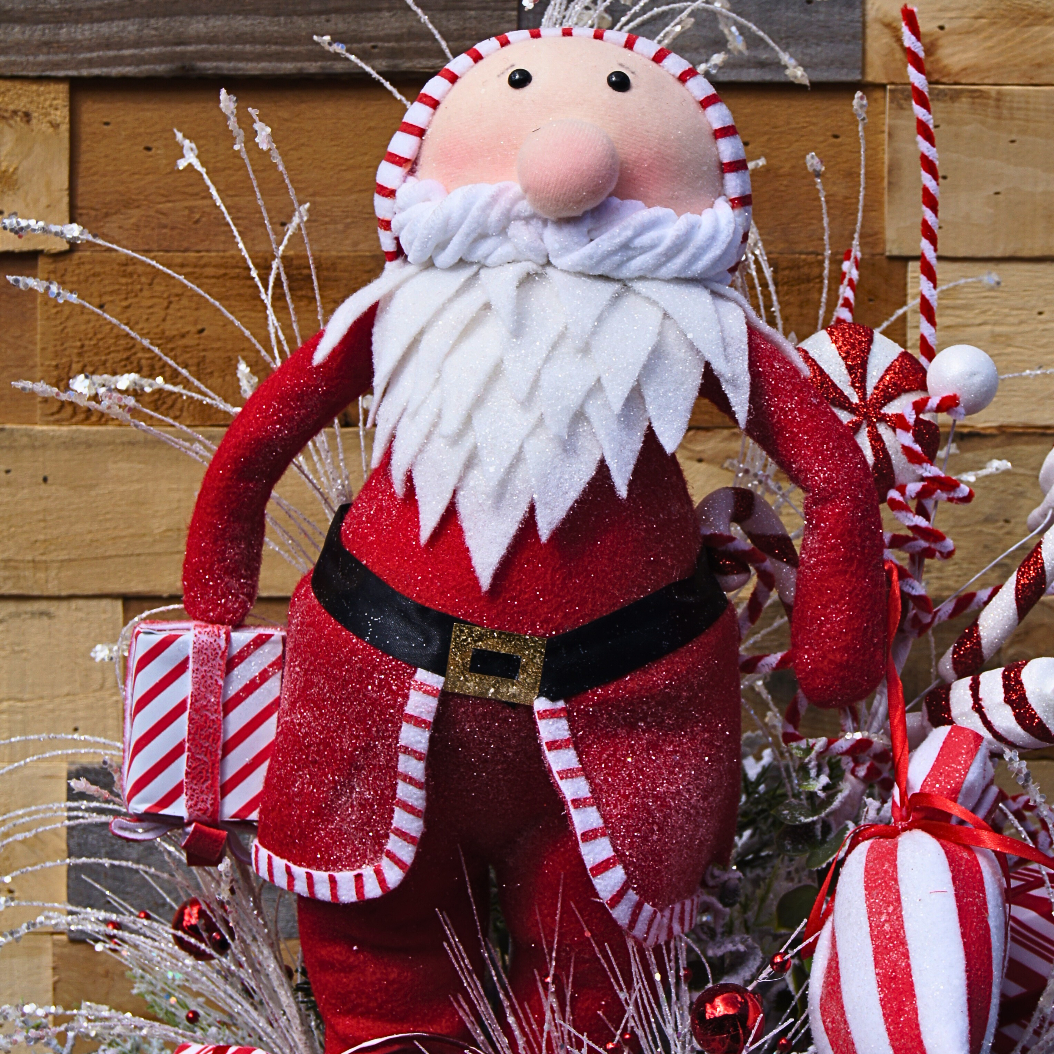 Whimsical Santa Christmas Centerpiece with Candy Cane Accents and Peppermint Gift Details