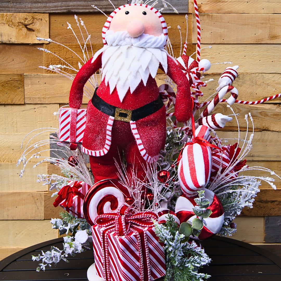 Whimsical Santa Christmas Centerpiece with Candy Cane Accents and Peppermint Gift Details