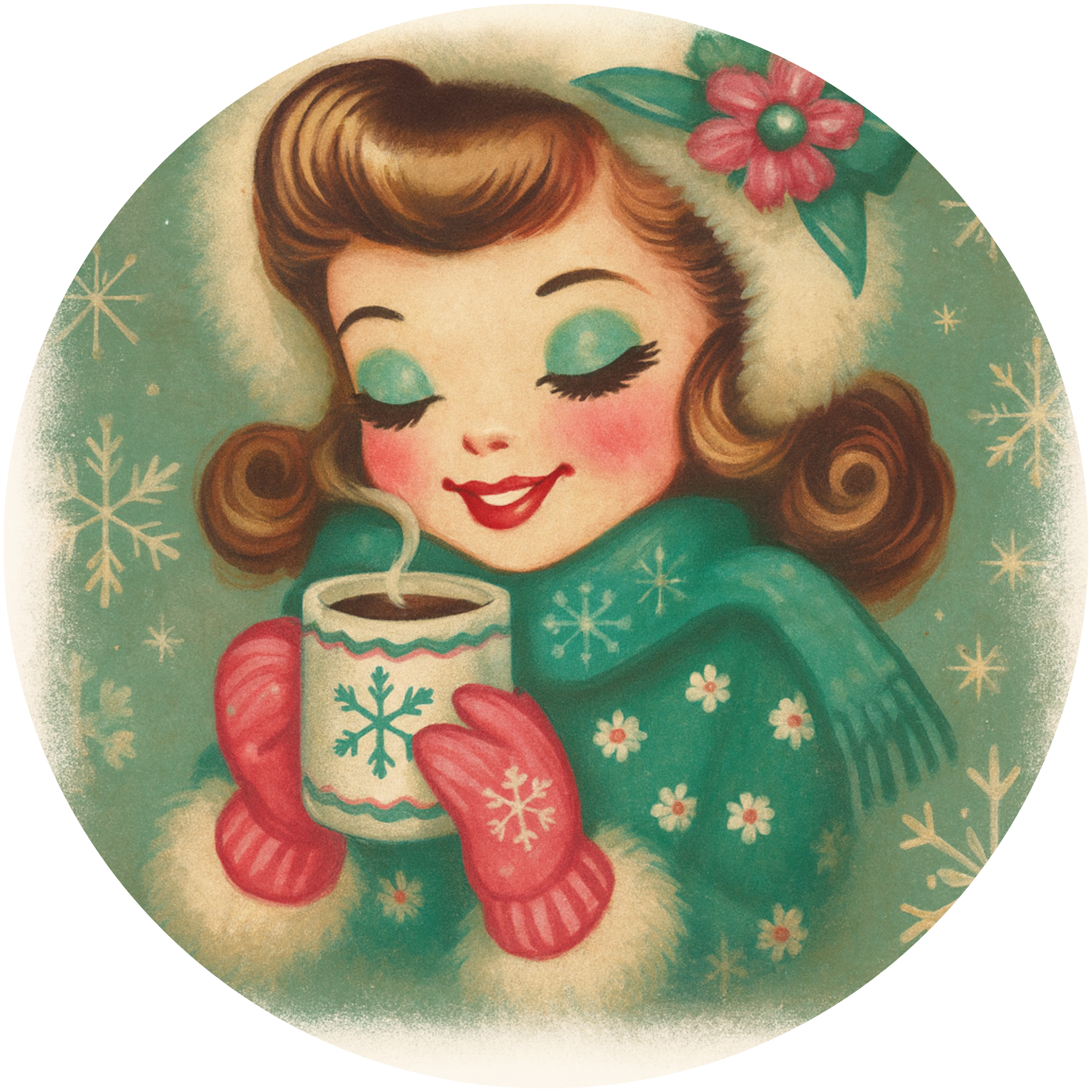 Vintage Christmas Lady Drinking Hot Cocoa Design with Teal Scarf and Retro Winter Style