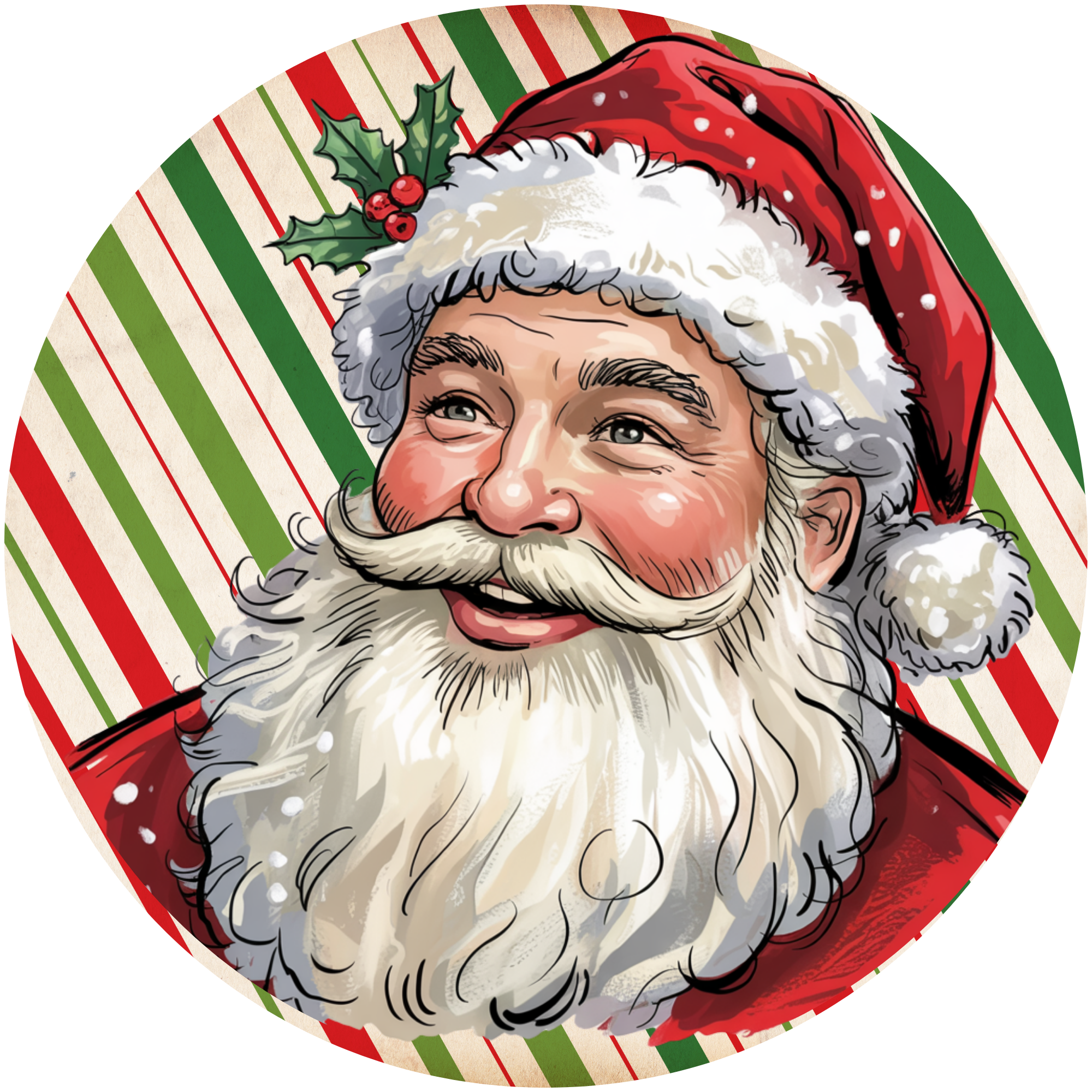 Classic Santa Claus Face Design with Red Green Striped Christmas Background and Holly Accent