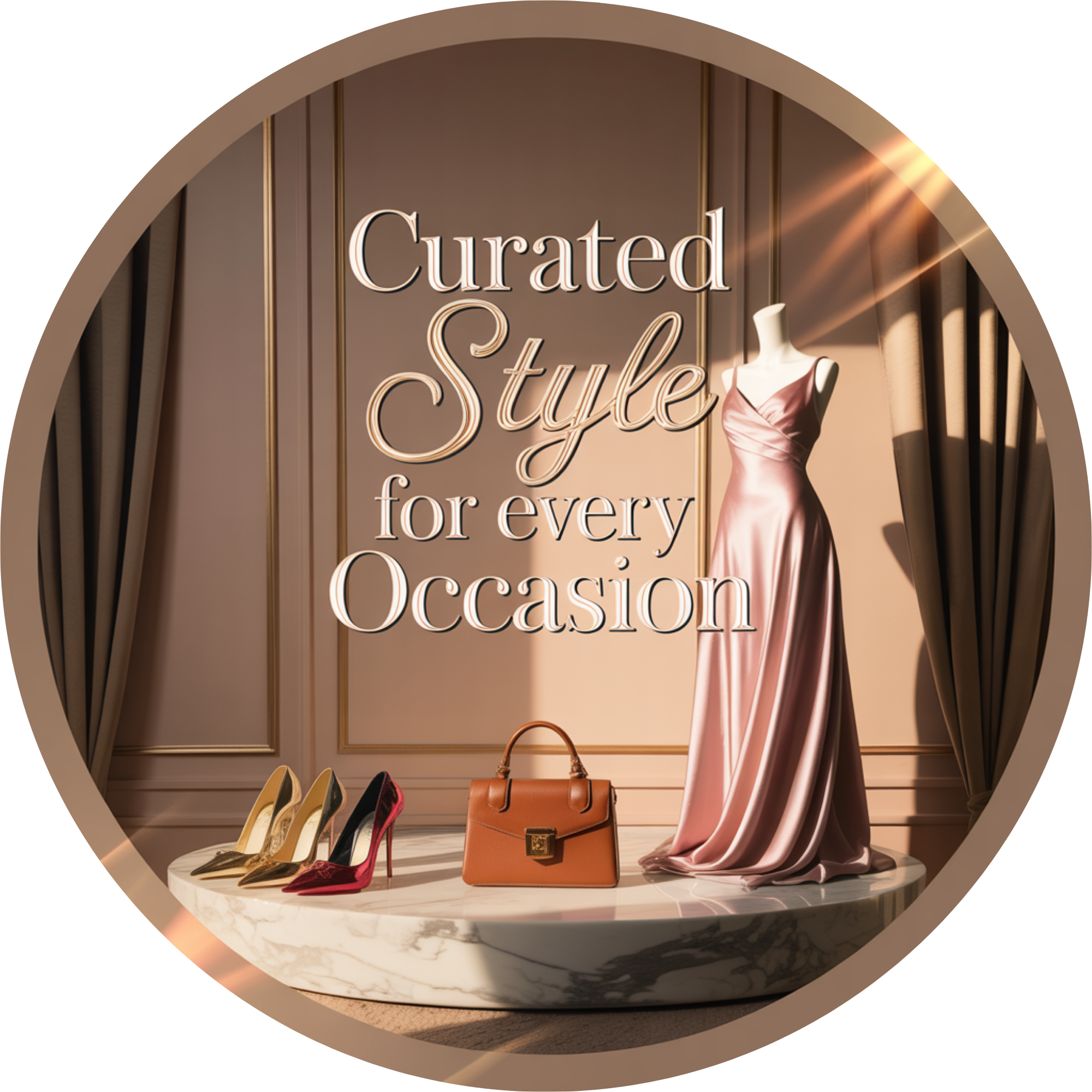 Curated Style for Every Occasion Boutique Sign, Luxury Fashion Display Art, Elegant Dress Shoe Handbag Decor