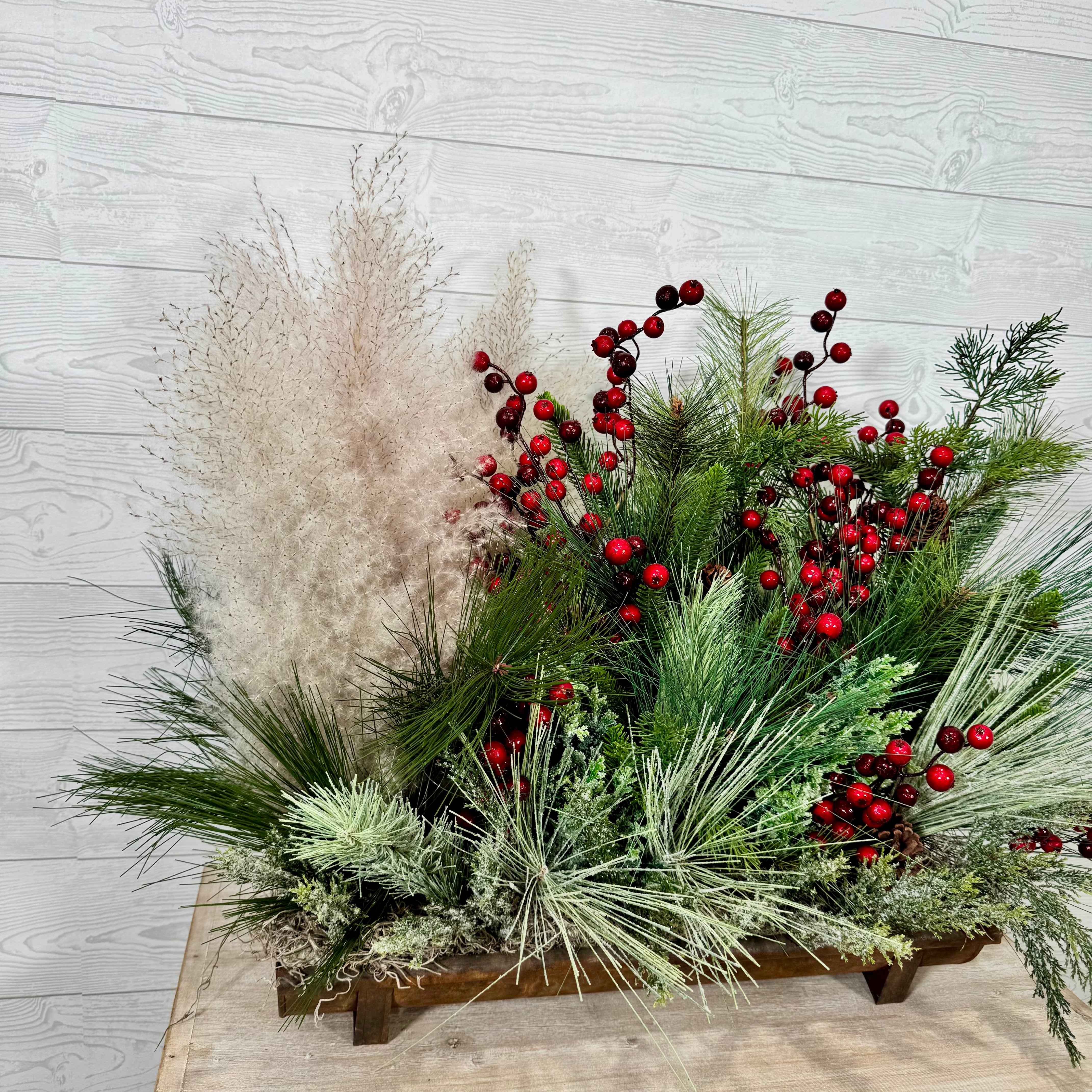 Rustic Woodland Christmas Centerpiece, Red Berry and Pine Arrangement with Pampas Grass, Winter Farmhouse Holiday Decor